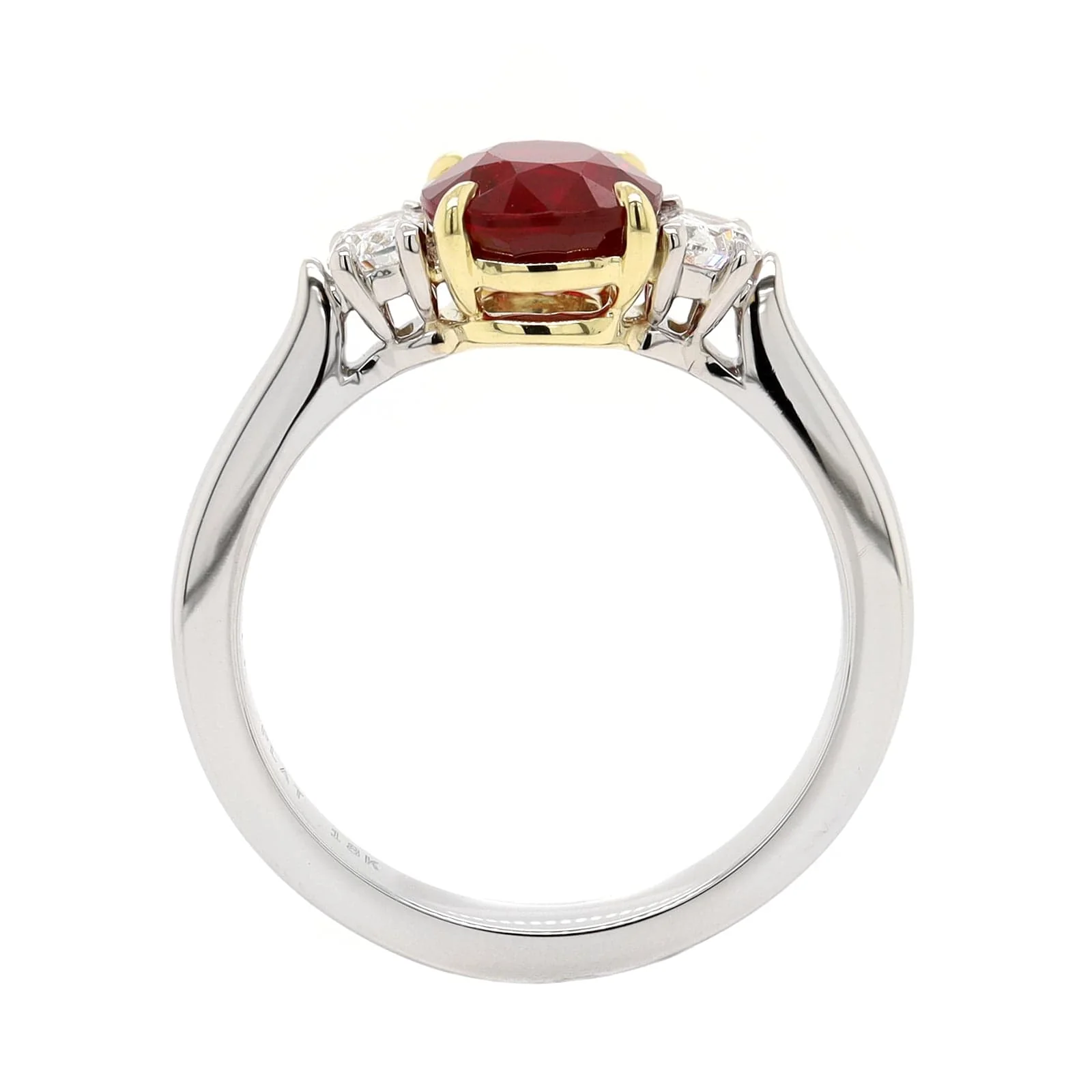 Platinum Three Stone Oval Shaped Ruby and Diamond Ring - Image 3