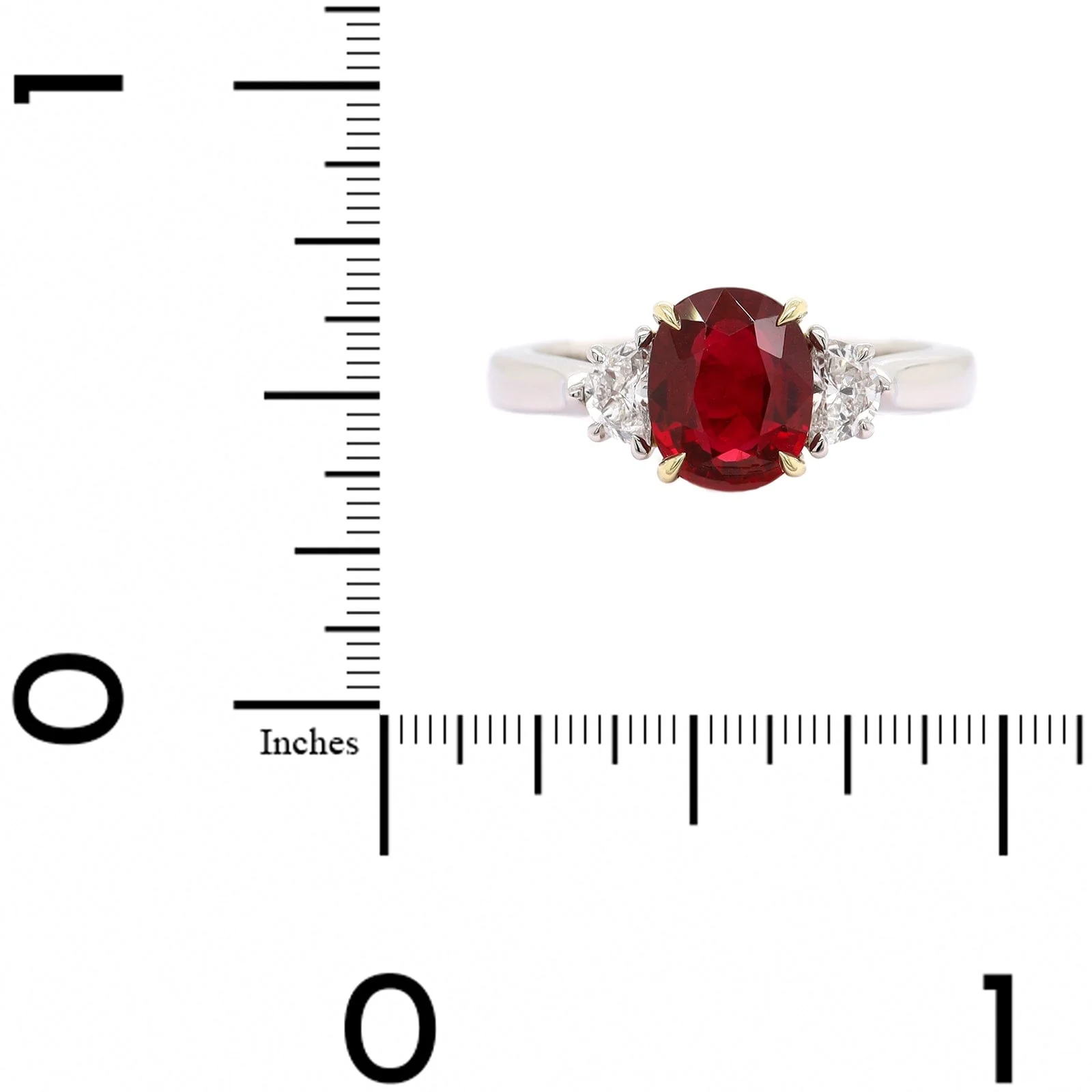 Platinum Three Stone Oval Shaped Ruby and Diamond Ring - Image 4