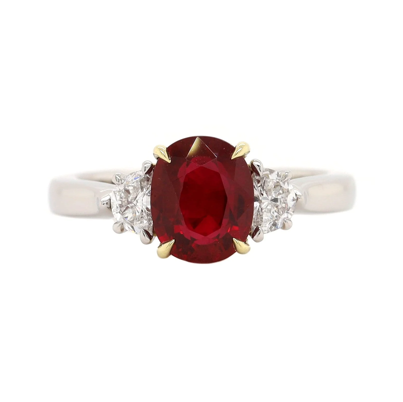 Platinum Three Stone Oval Shaped Ruby and Diamond Ring - Image 5