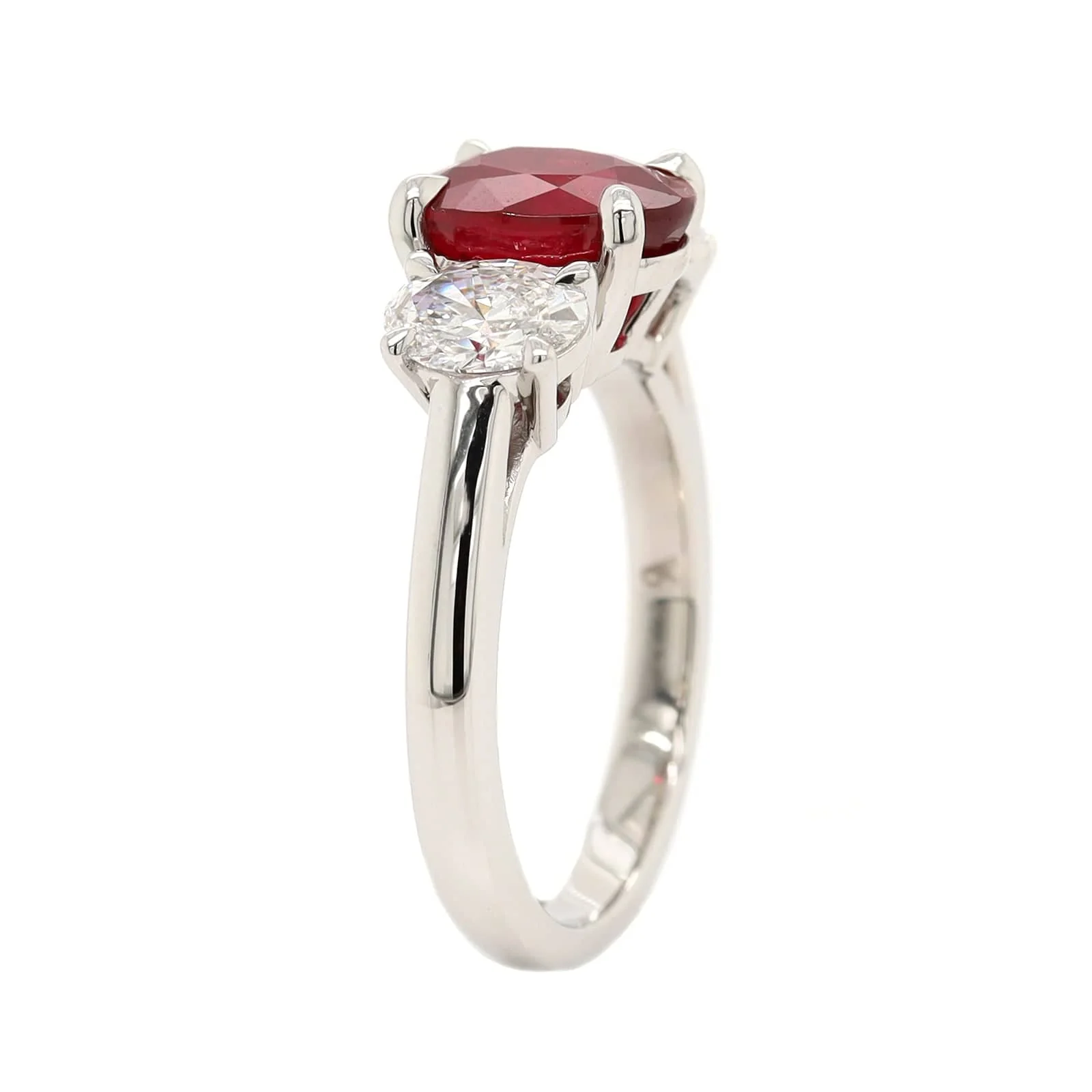 Platinum 3 Stone Oval Ruby and Diamond Ring - Image 2