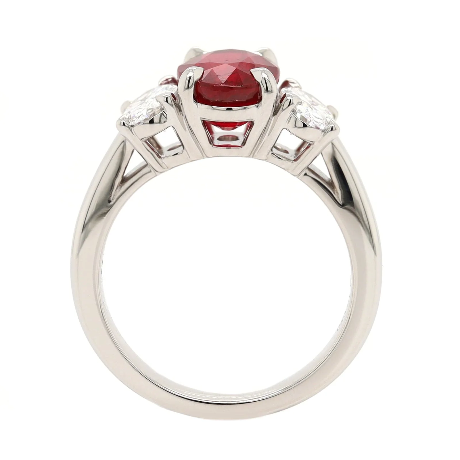 Platinum 3 Stone Oval Ruby and Diamond Ring - Image 3