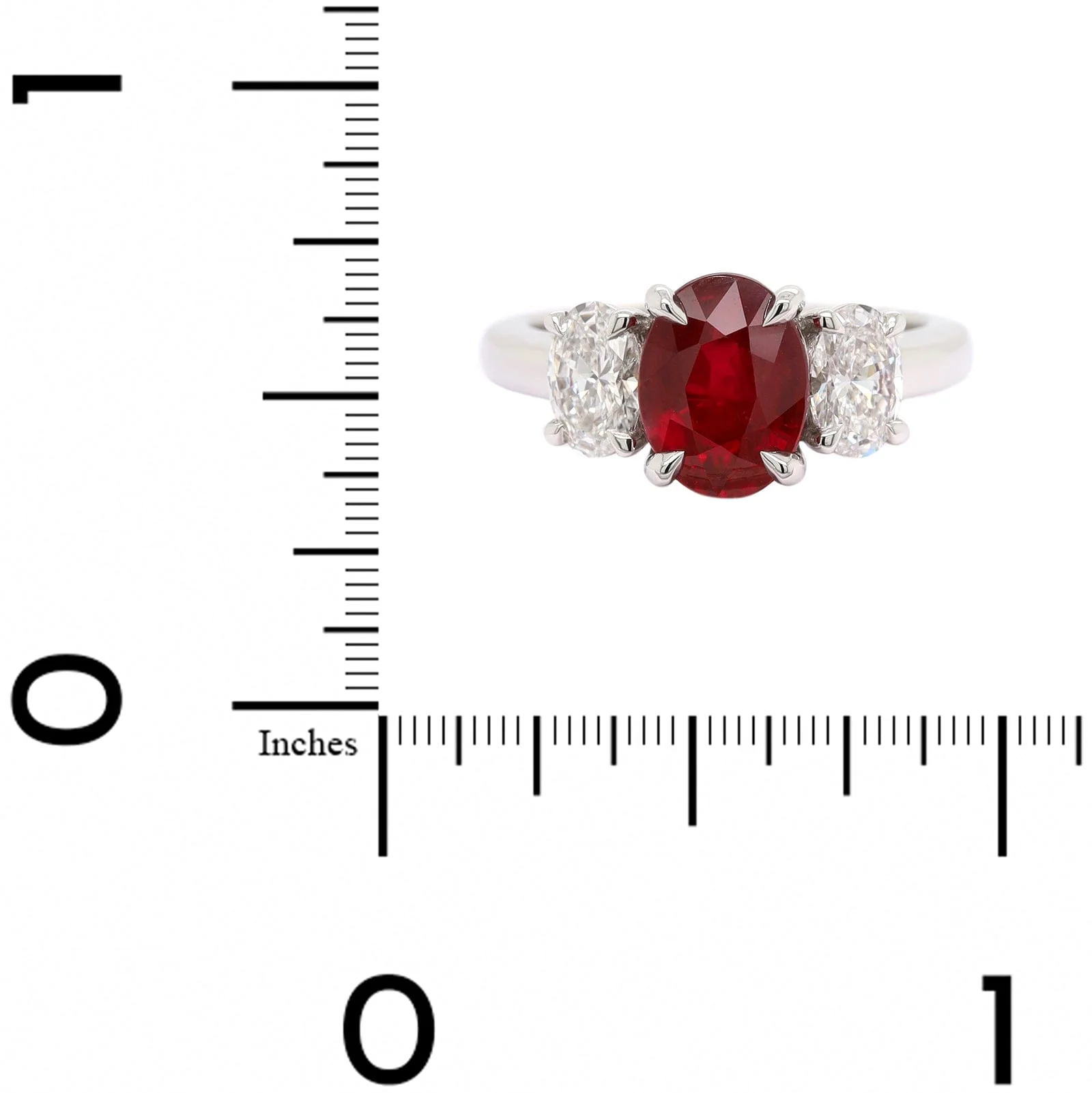 Platinum 3 Stone Oval Ruby and Diamond Ring - Image 4