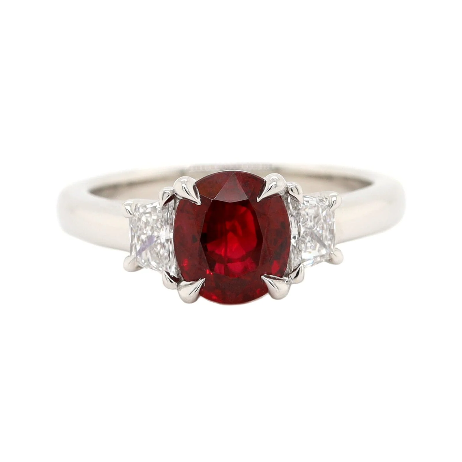 Platinum 3 Stone Cushion Ruby and Trapezoid Diamond Ring