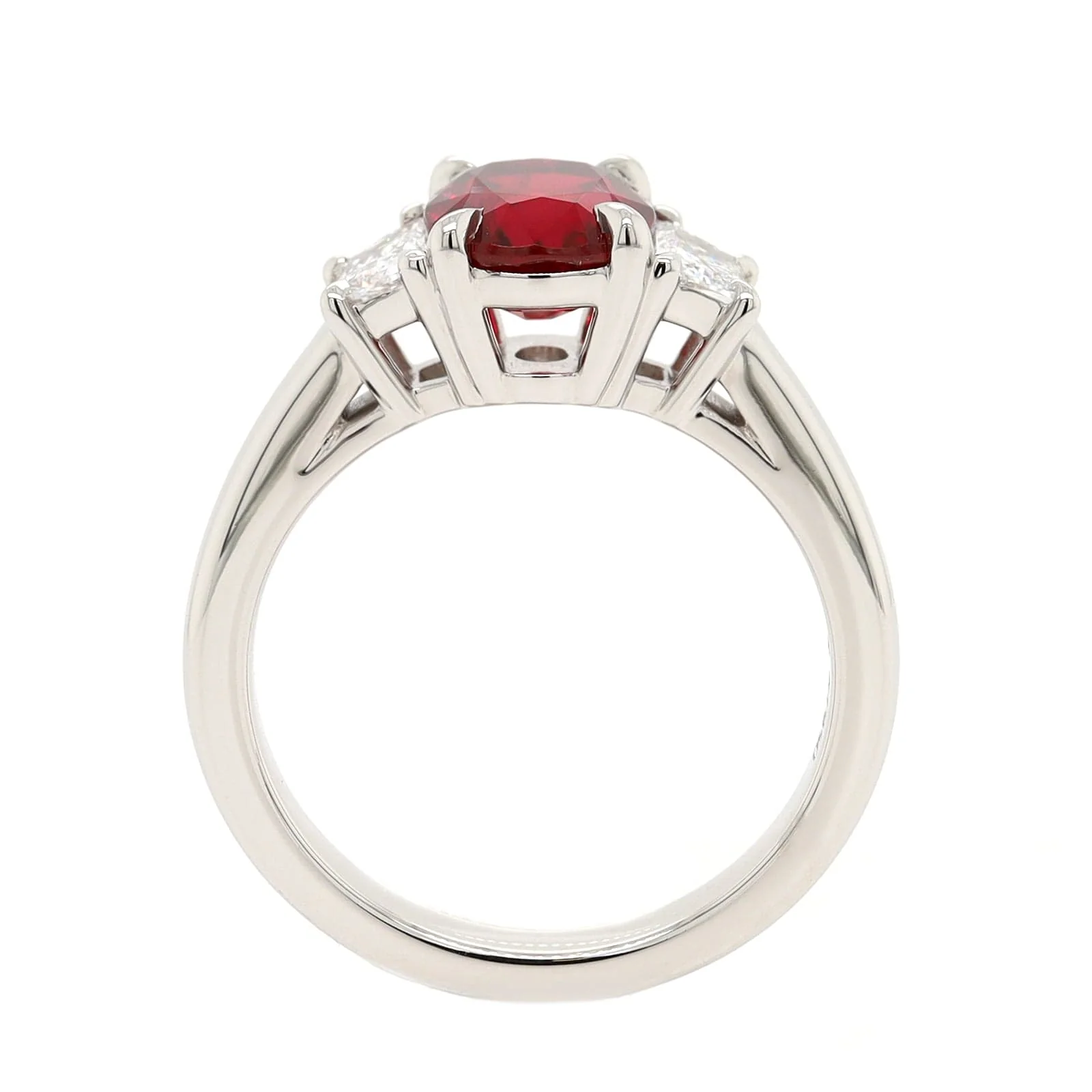 Platinum 3 Stone Cushion Ruby and Trapezoid Diamond Ring - Image 3