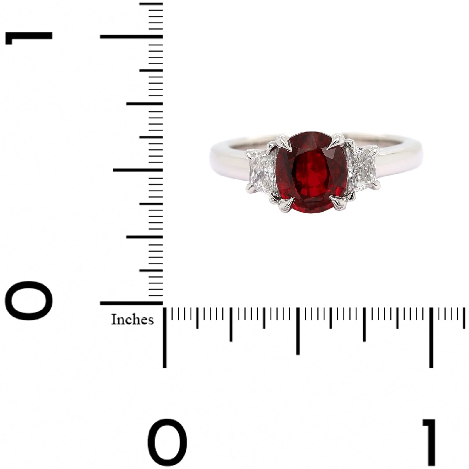 Platinum 3 Stone Cushion Ruby and Trapezoid Diamond Ring - Image 4