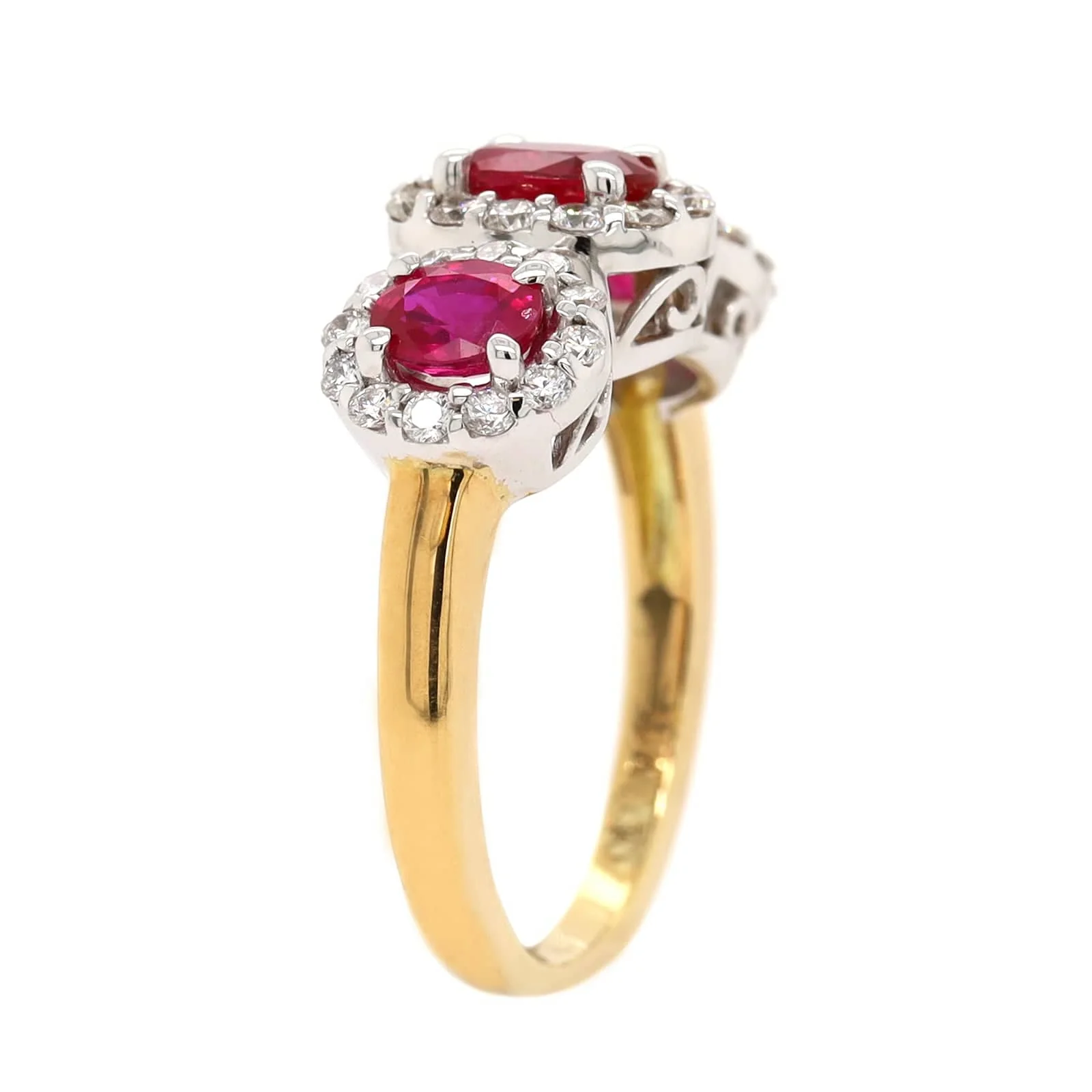 18K Two-Tone Gold Three Stone Oval Ruby and Diamond Halo Ring - Image 2