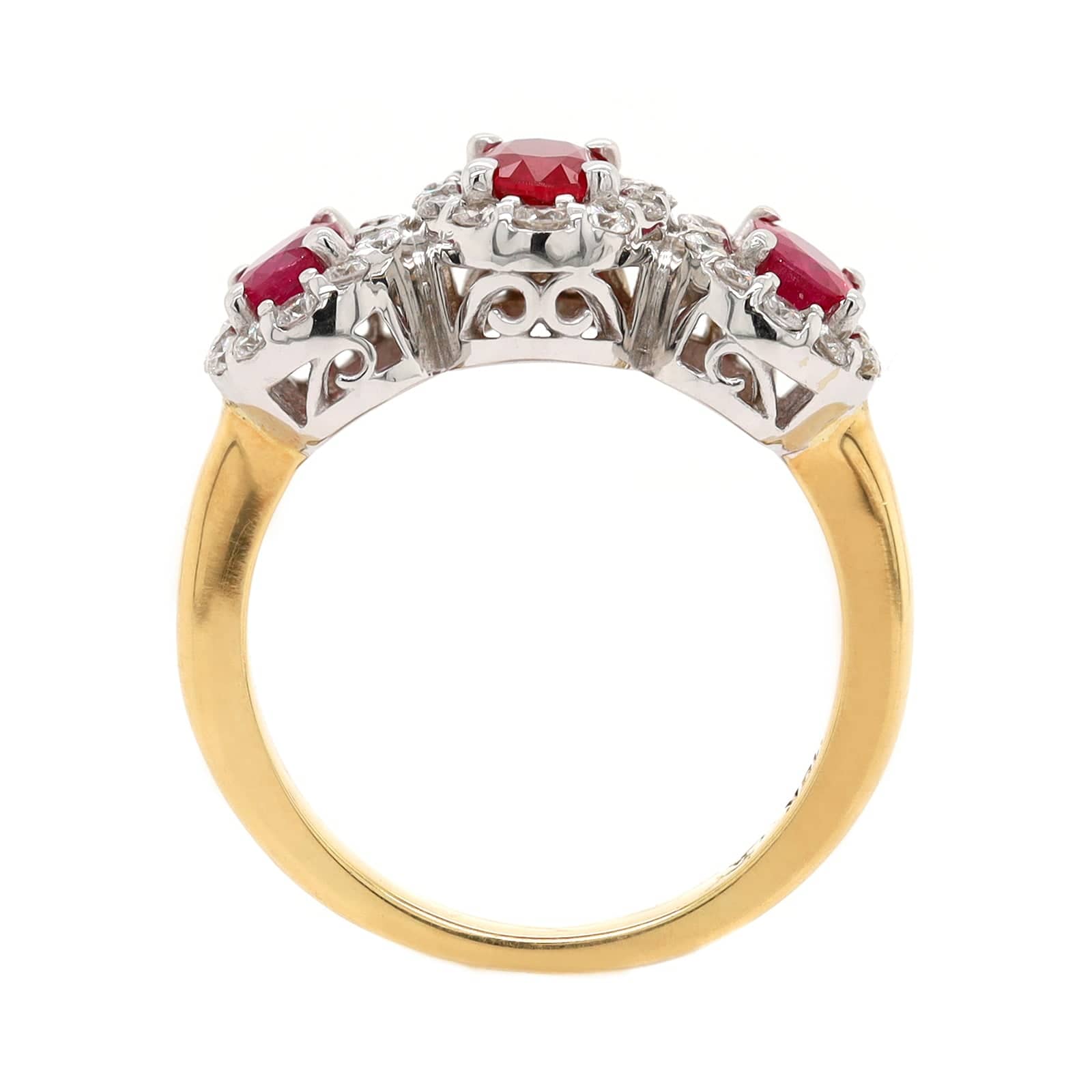 18K Two-Tone Gold Three Stone Oval Ruby and Diamond Halo Ring - Image 3