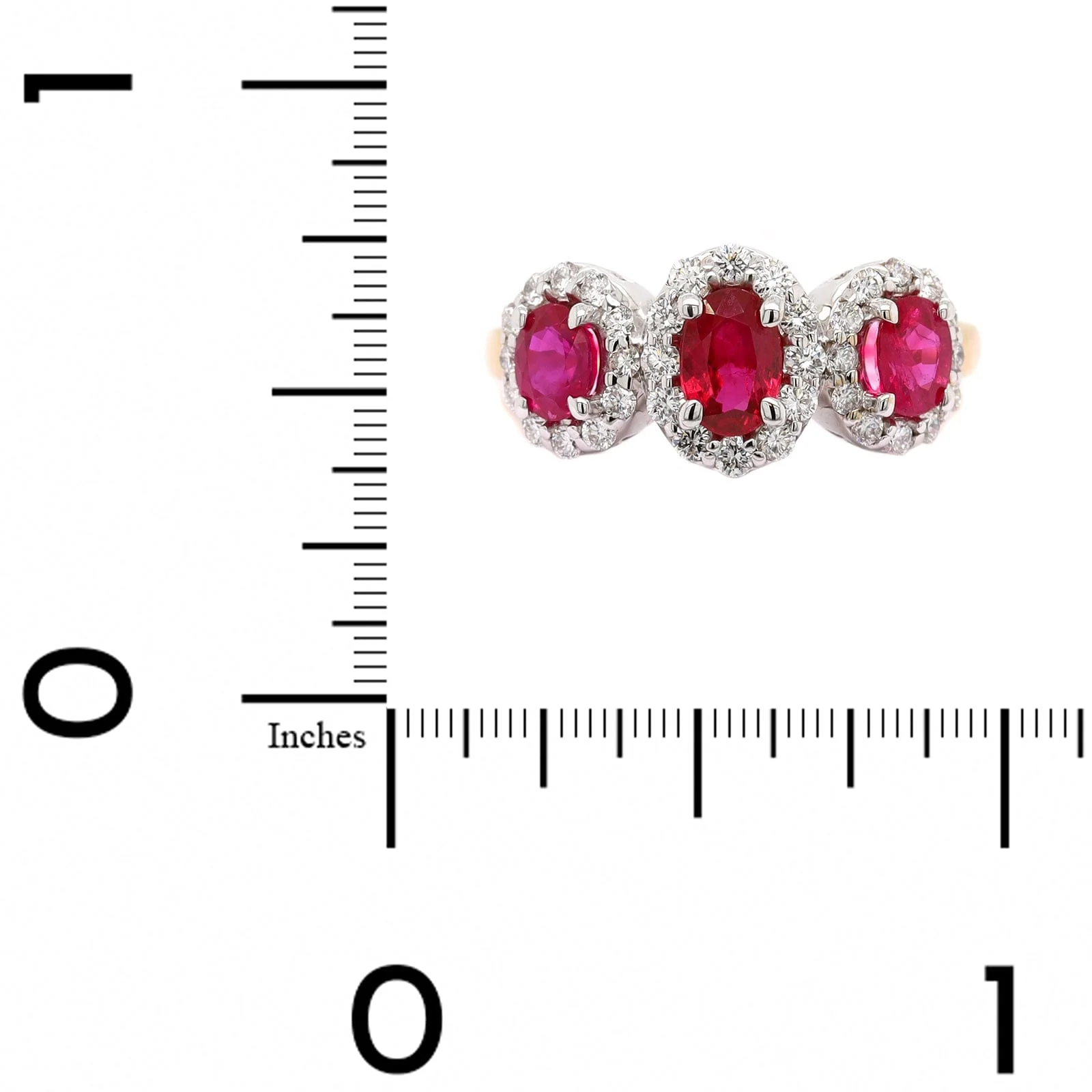 18K Two-Tone Gold Three Stone Oval Ruby and Diamond Halo Ring - Image 4