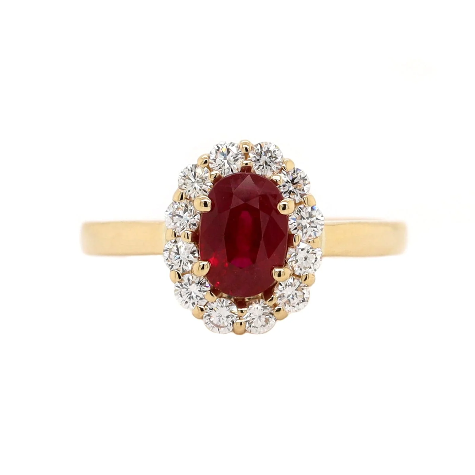 18K Yellow Gold Oval Ruby and Diamond Halo Ring