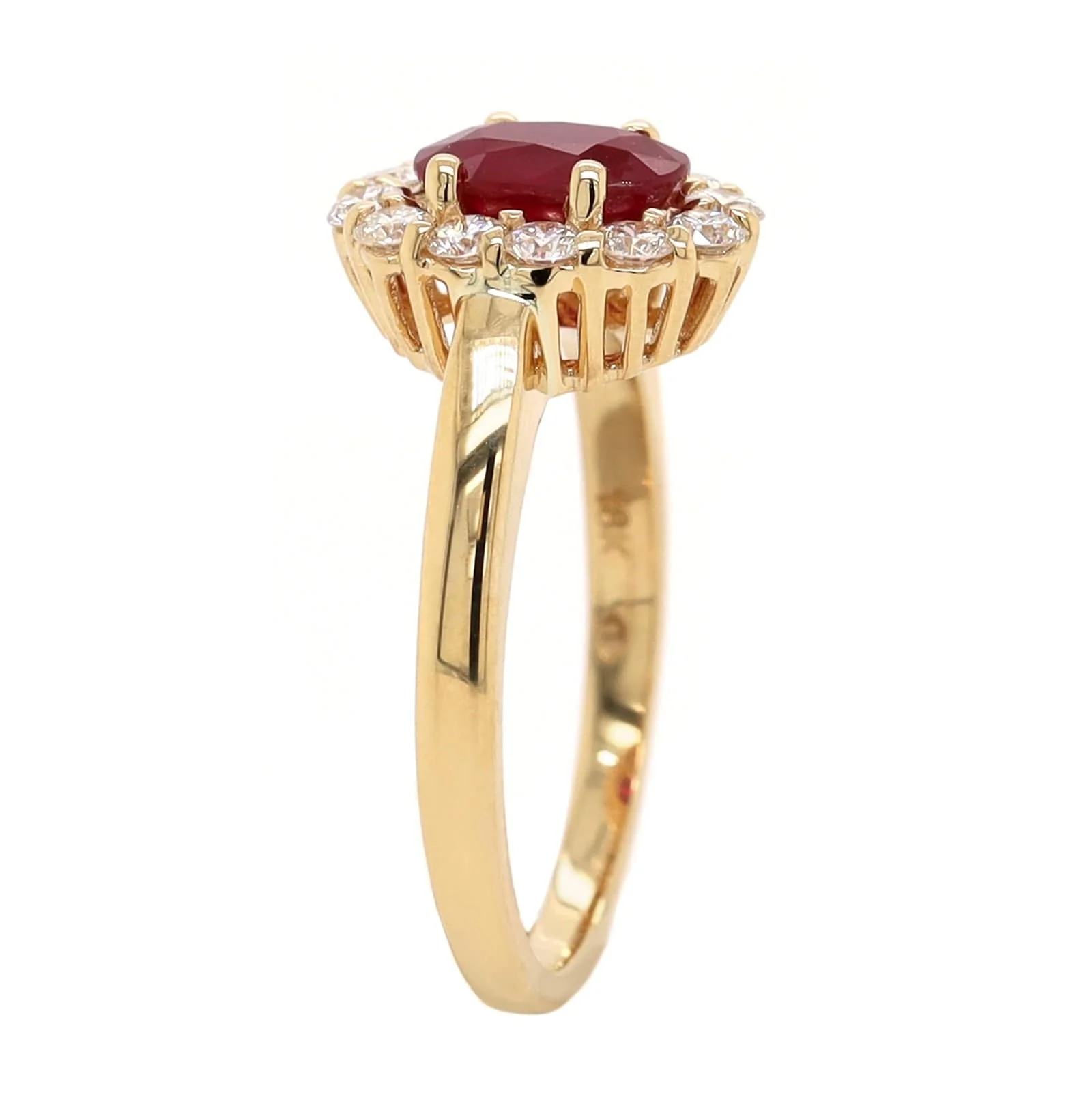 18K Yellow Gold Oval Ruby and Diamond Halo Ring - Image 2
