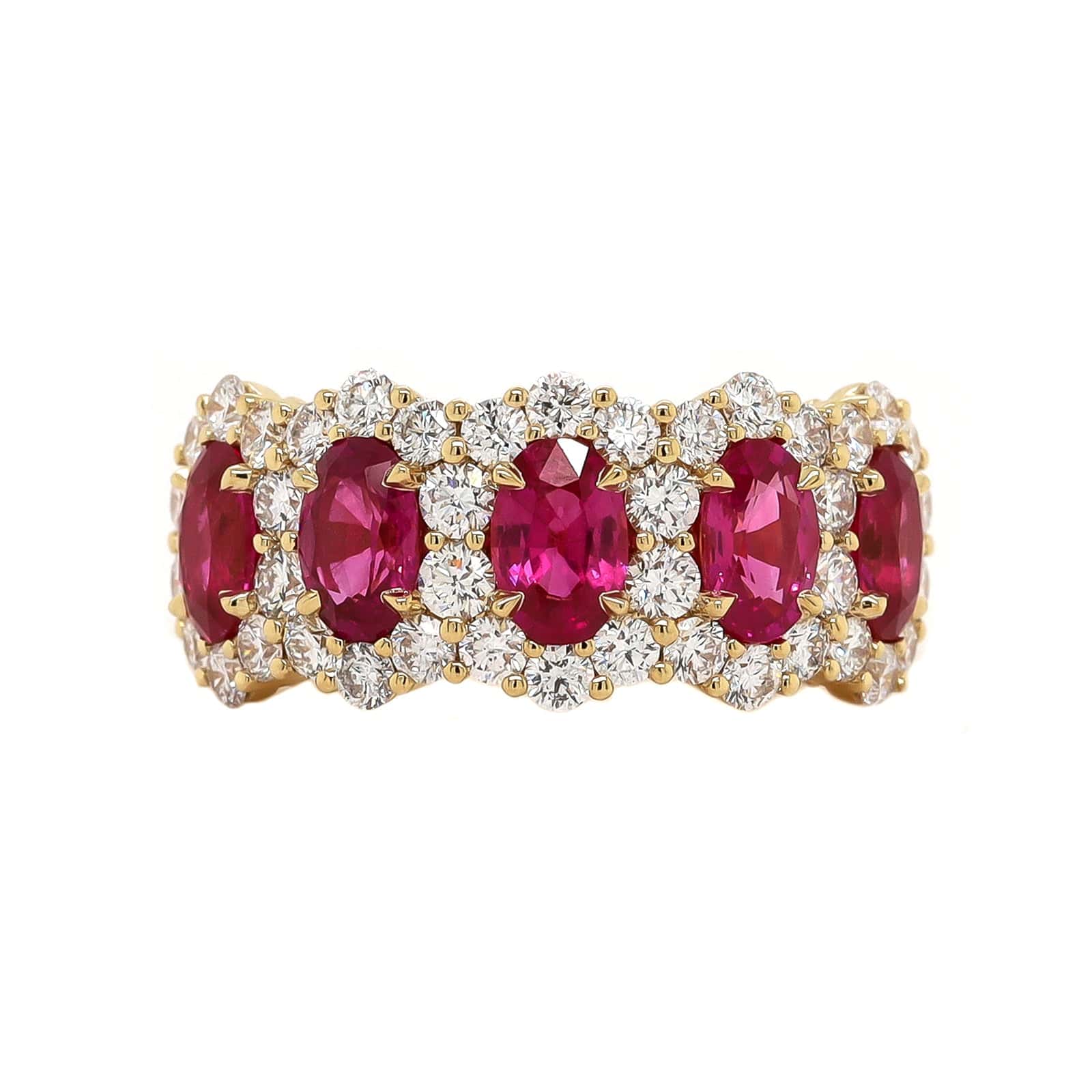 18K Yellow Gold 5 Stone Oval Ruby and Diamond Halo Ring