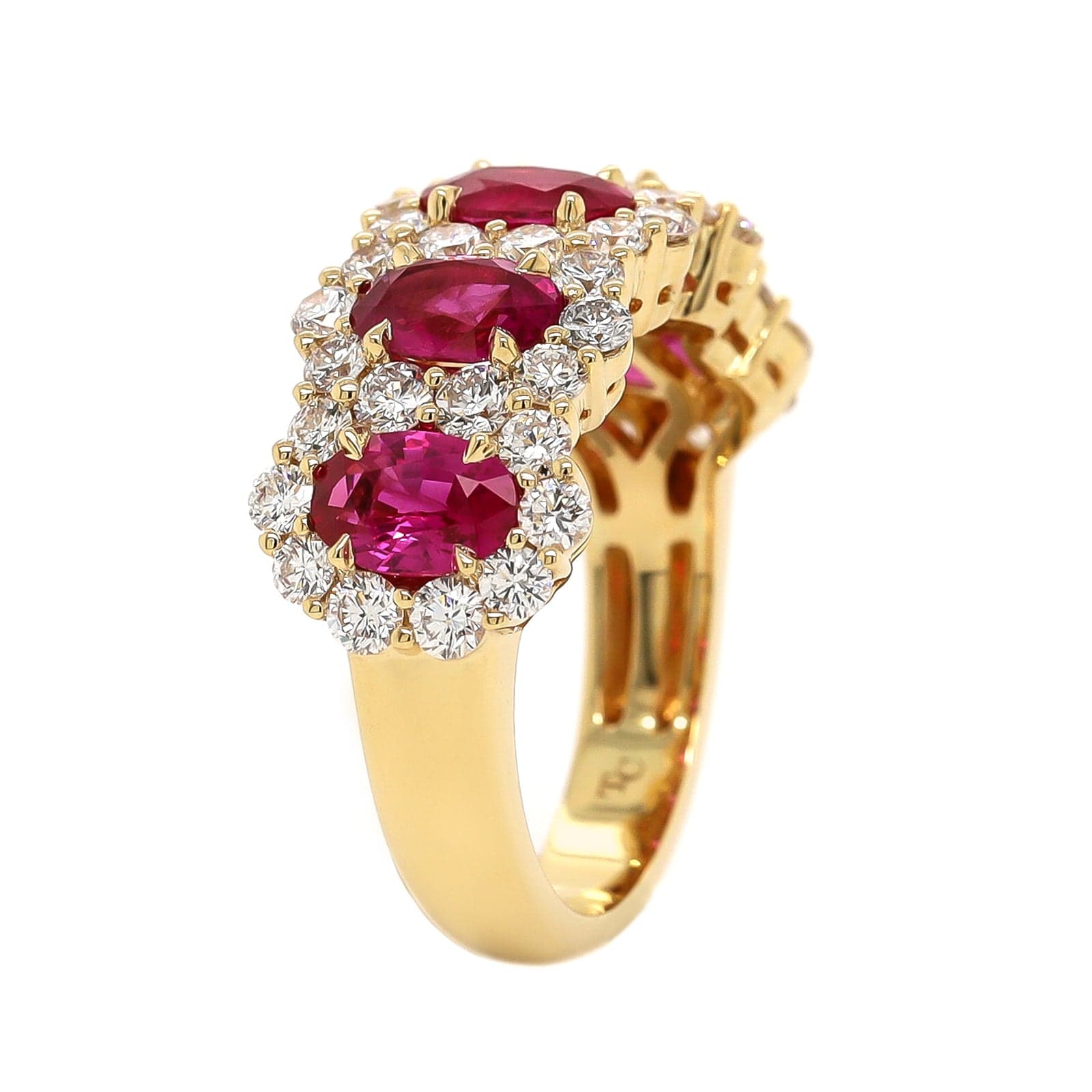 18K Yellow Gold 5 Stone Oval Ruby and Diamond Halo Ring - Image 2