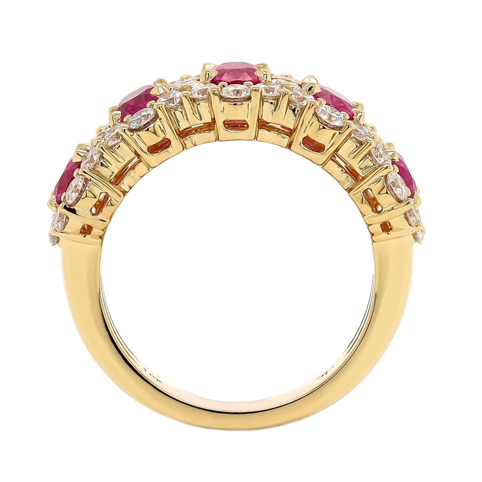 18K Yellow Gold 5 Stone Oval Ruby and Diamond Halo Ring - Image 3