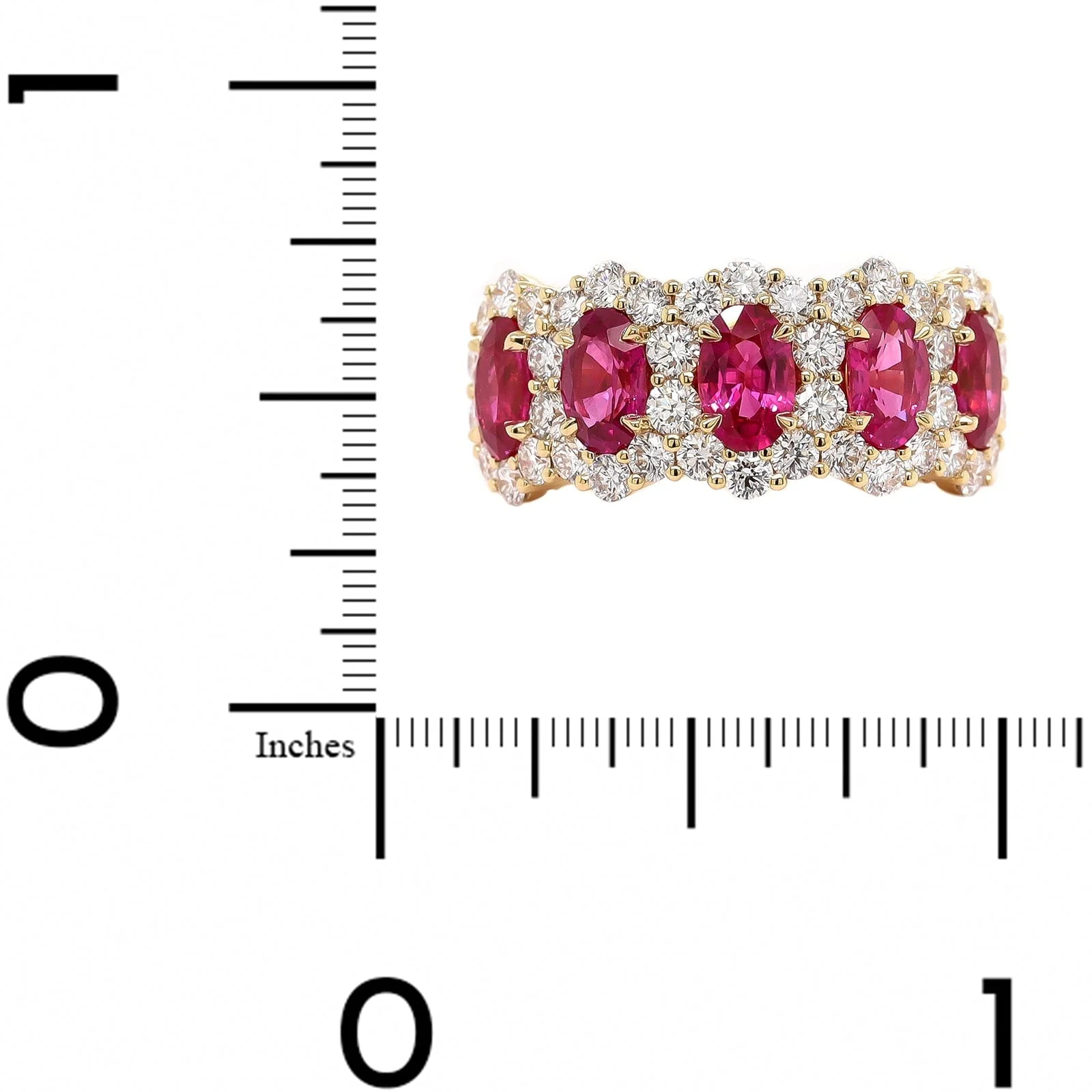 18K Yellow Gold 5 Stone Oval Ruby and Diamond Halo Ring - Image 4