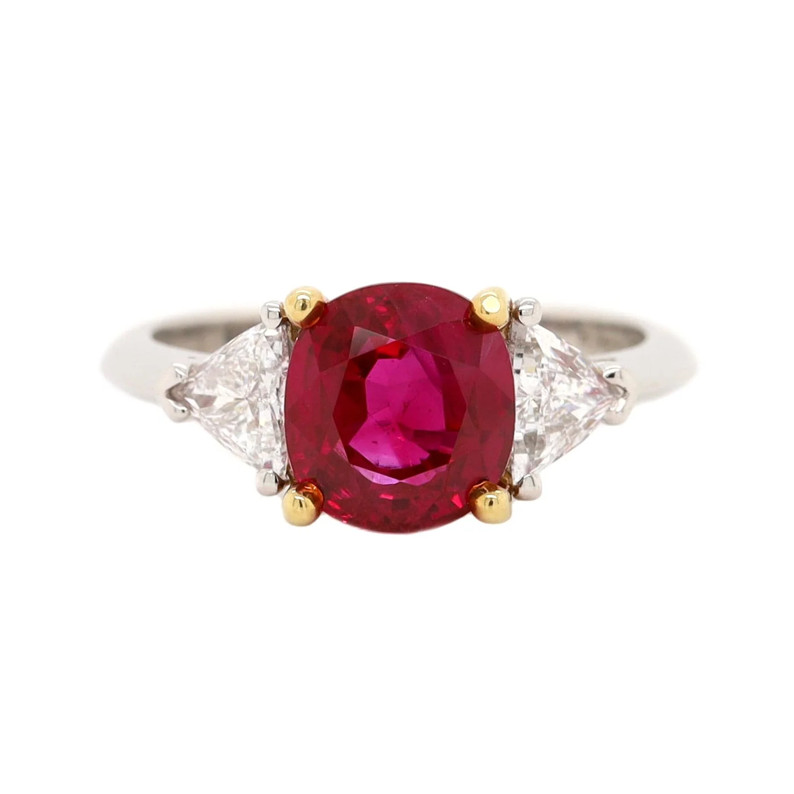 Platinum and 18K Yellow Gold 3 Stone Cushion Ruby and Trillion Cut Diamond Ring