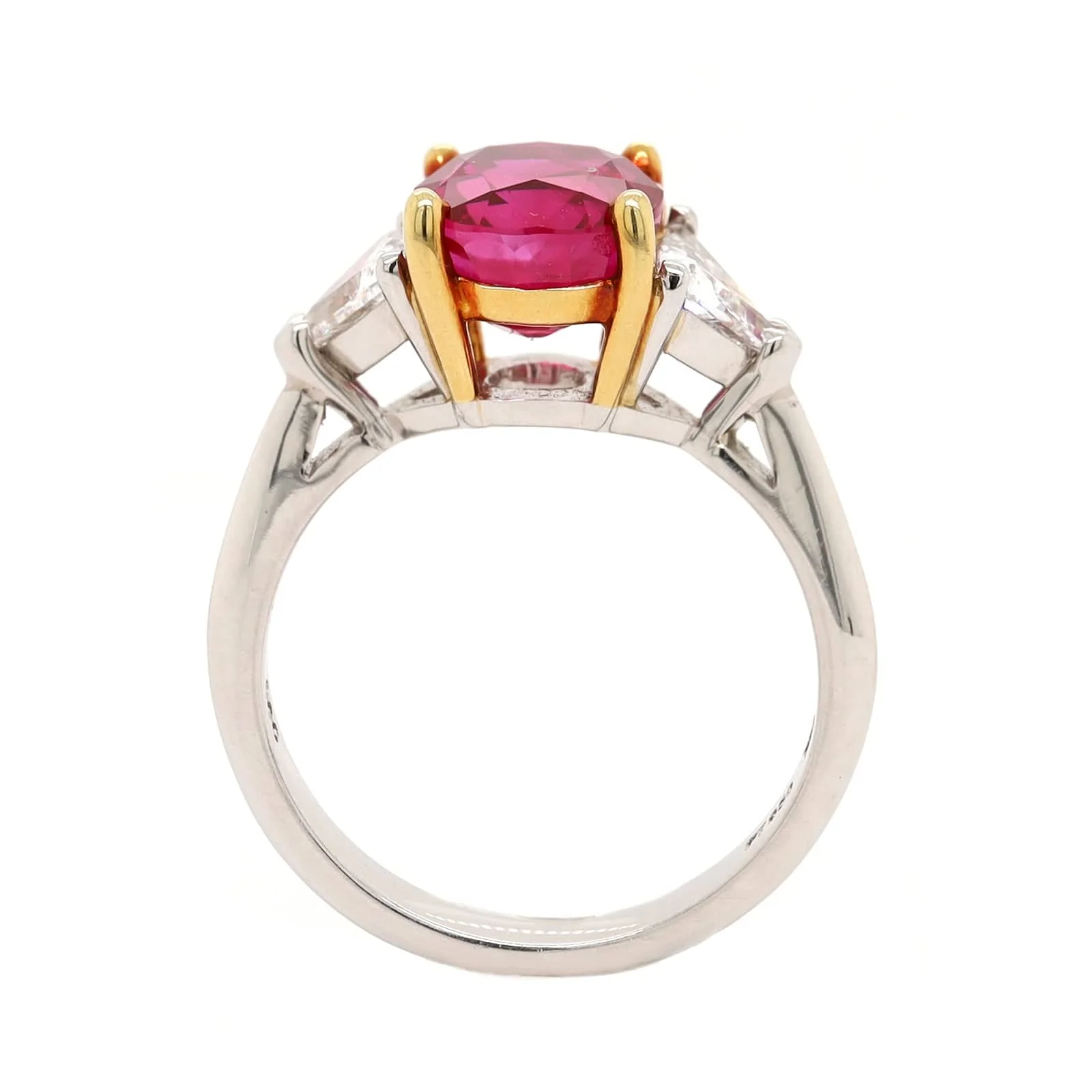 Platinum and 18K Yellow Gold 3 Stone Cushion Ruby and Trillion Cut Diamond Ring - Image 3
