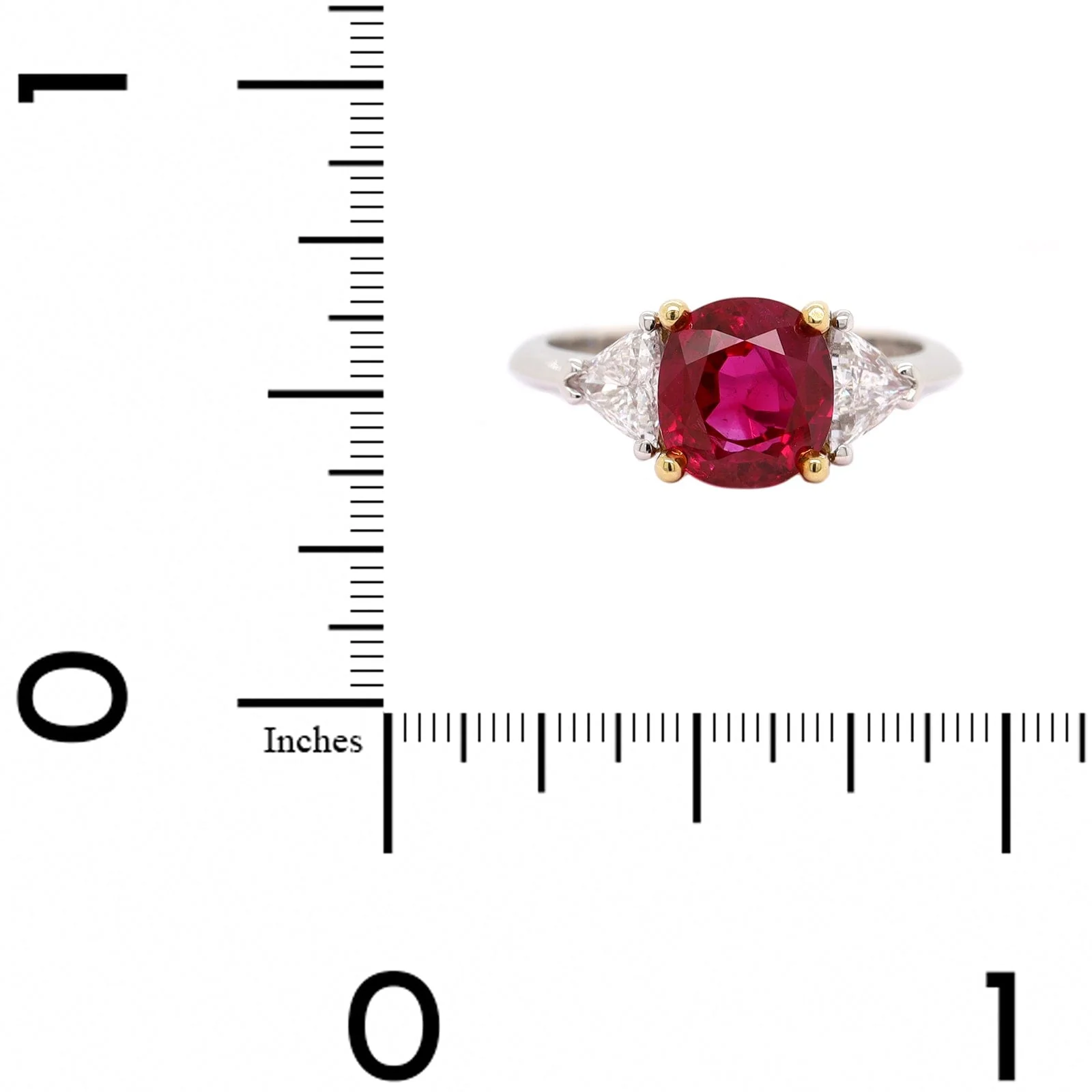 Platinum and 18K Yellow Gold 3 Stone Cushion Ruby and Trillion Cut Diamond Ring - Image 4