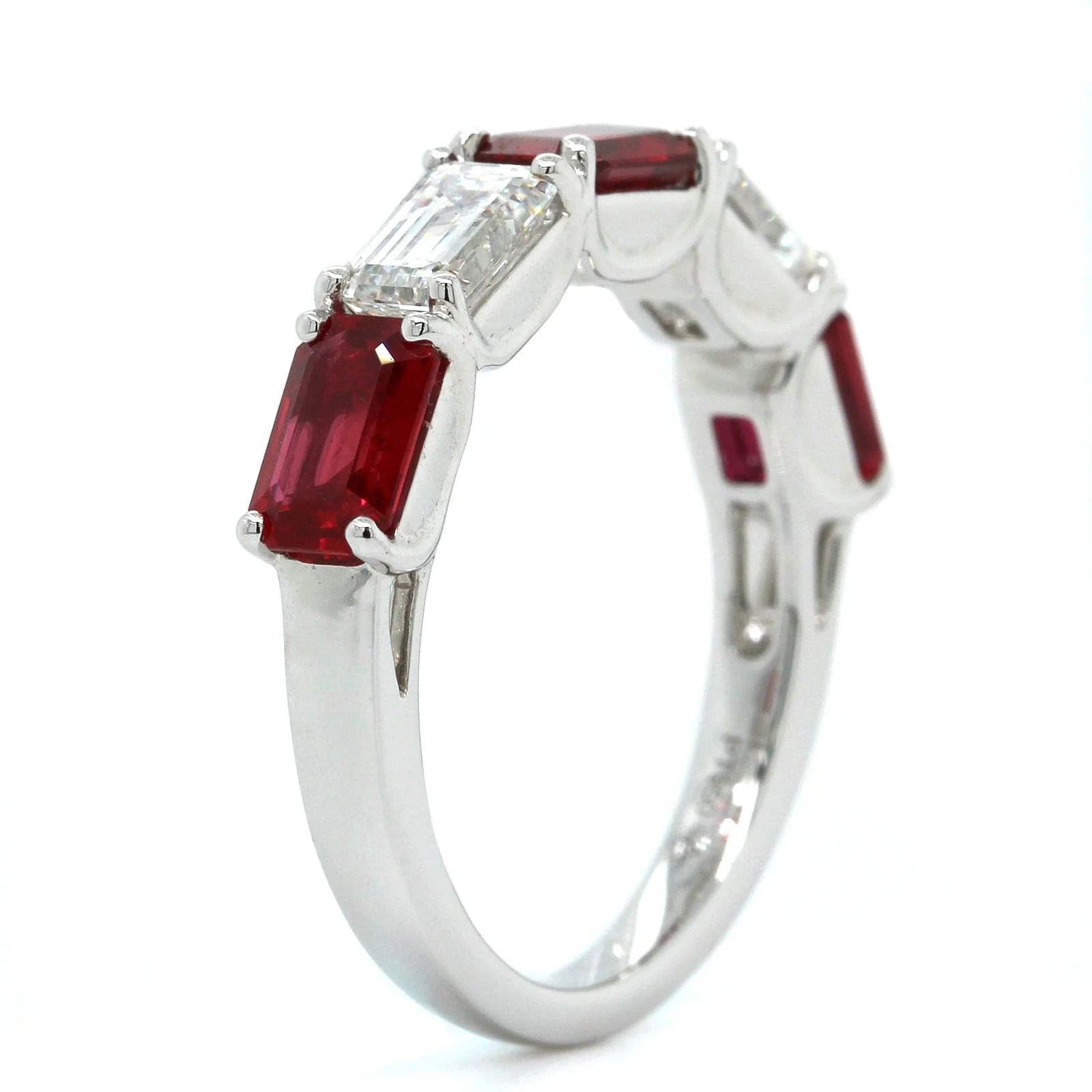 Platinum 5 Stone Emerald Cut Ruby and Diamond Band - Image 2
