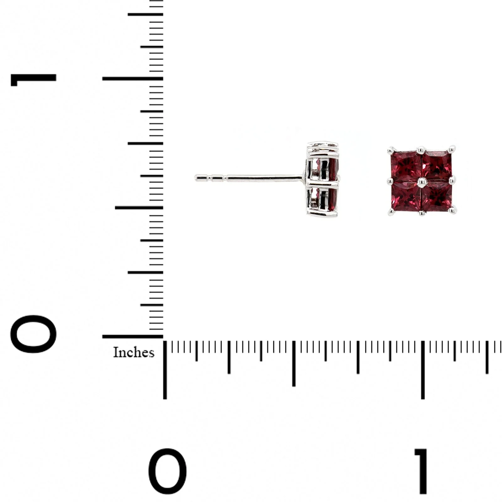 14K White Gold Princess Cut Cluster Ruby Stud Earrings - Image 2
