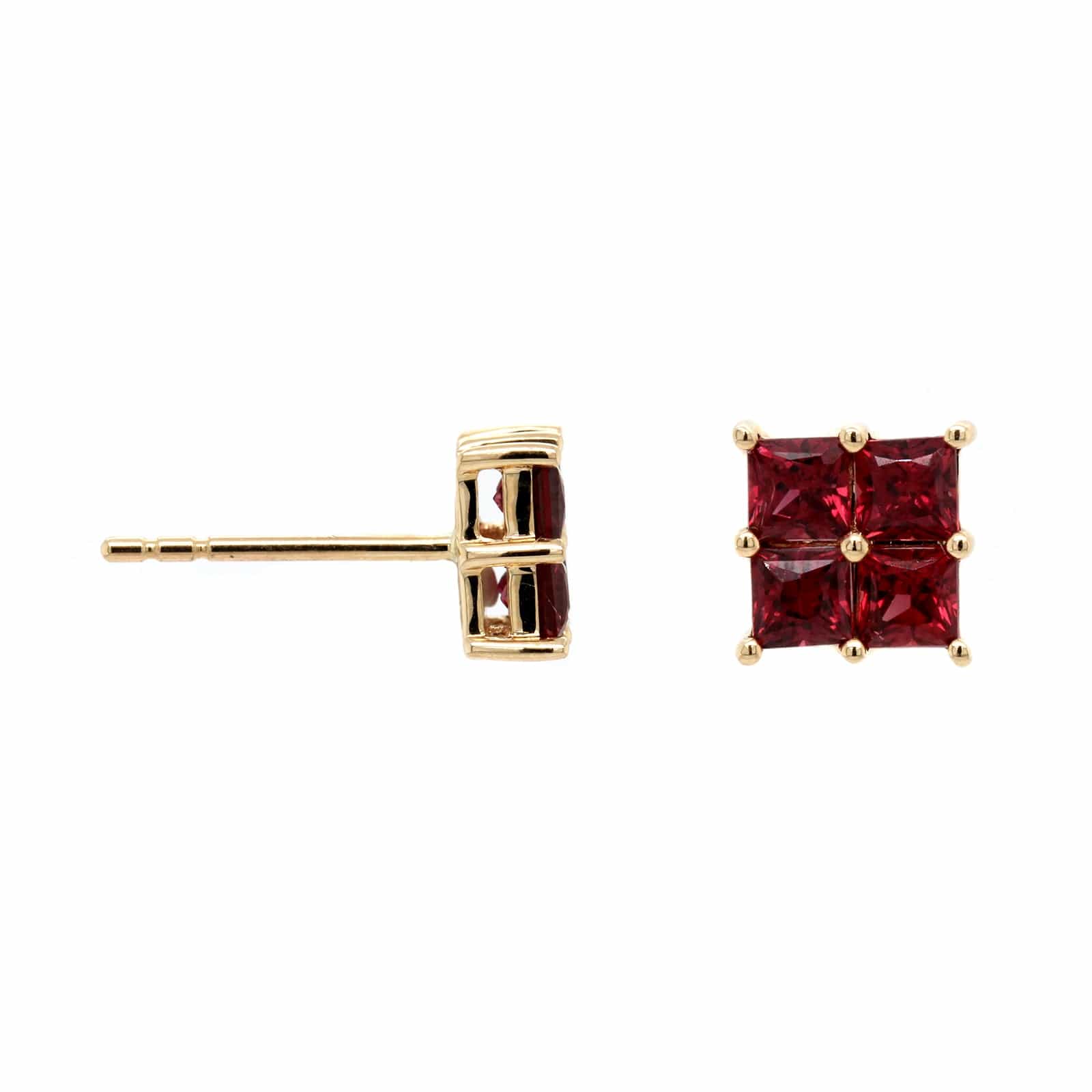 14K Yellow Gold Princess Cut Cluster Ruby Stud Earrings