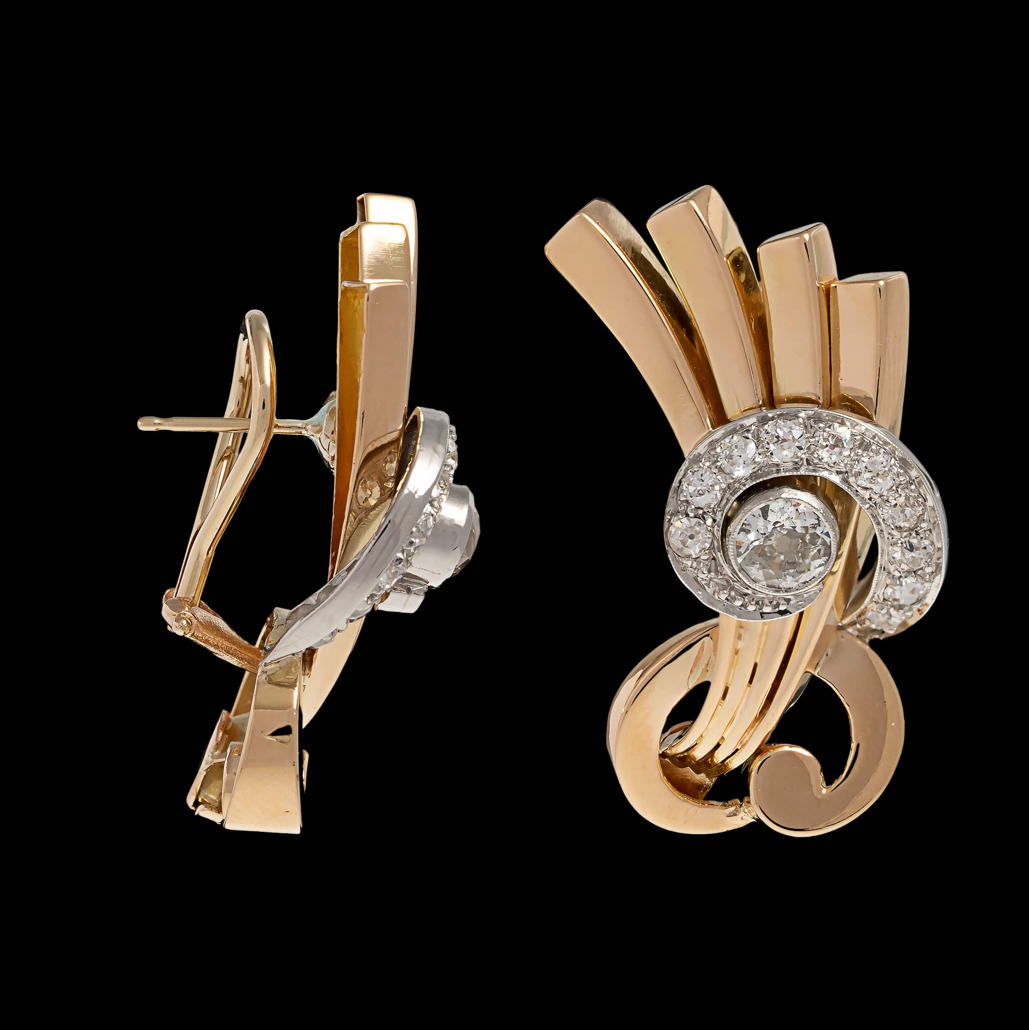 Retro 14K Two-tone Gold Estate Diamond Earrings
