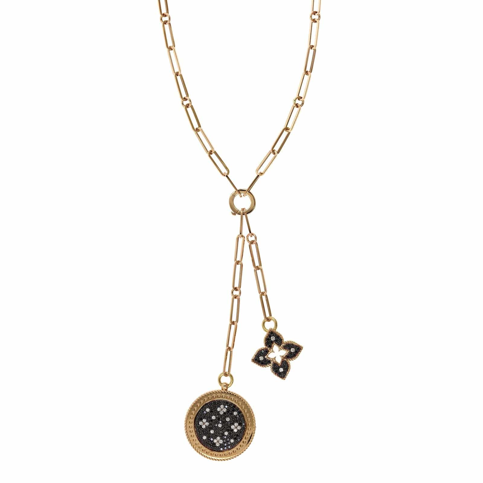 Roberto Coin 18K Rose Gold Venetian Double Medallion Black Diamond Necklace