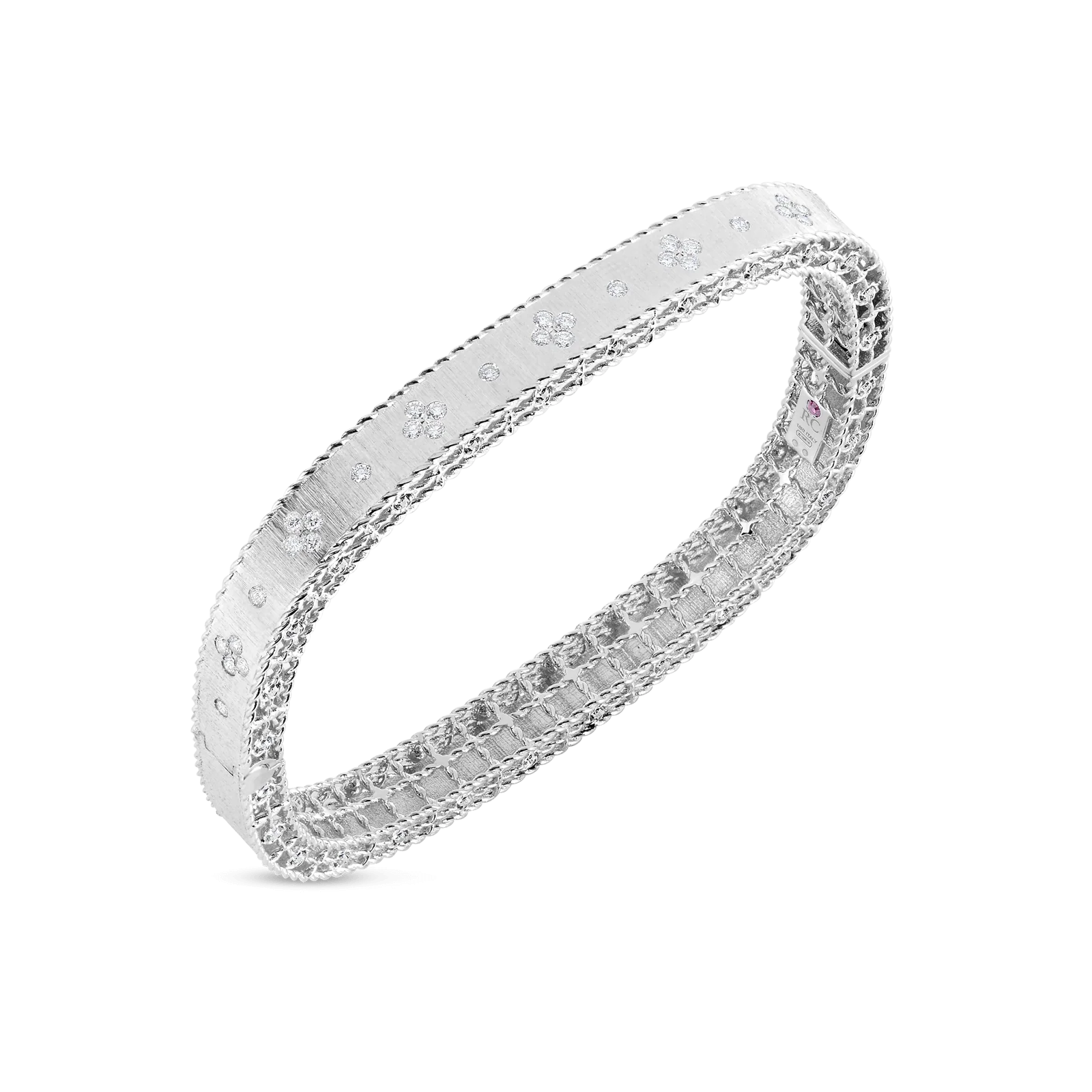 Roberto Coin 18K White Gold Princess Satin Finish Bangle with Fleur de Lis Diamonds