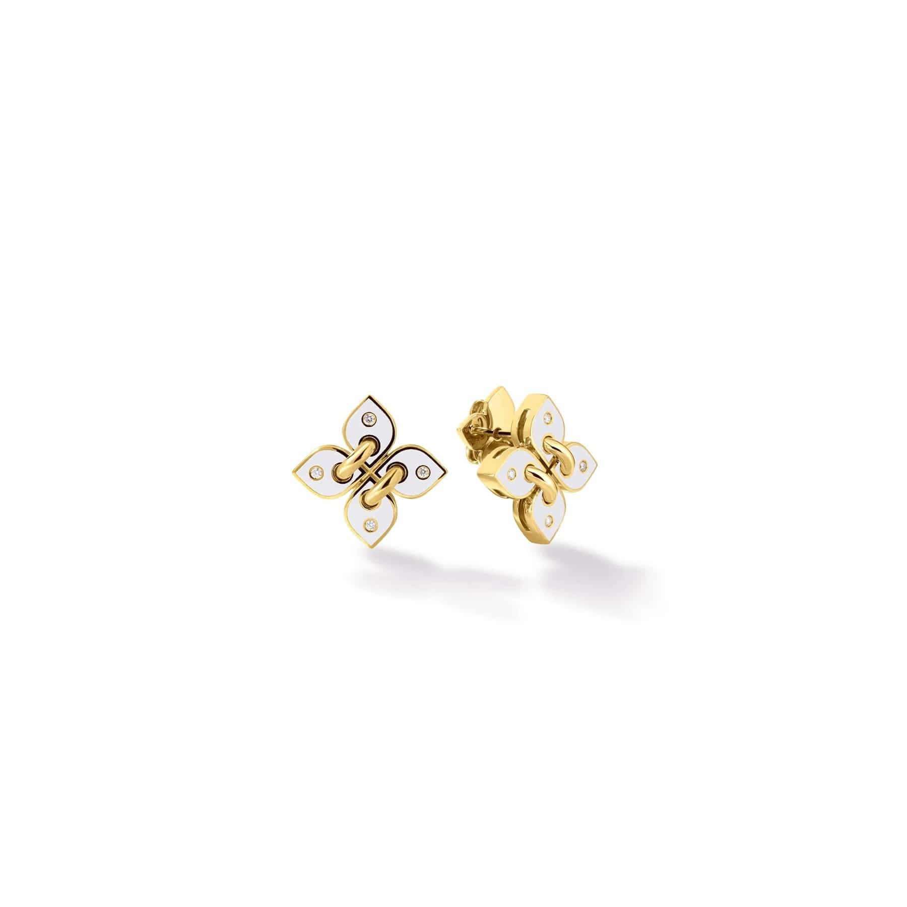 Roberto Coin 18K Yellow Gold Love In Verona White Enamel and Diamond Flower Stud Earrings