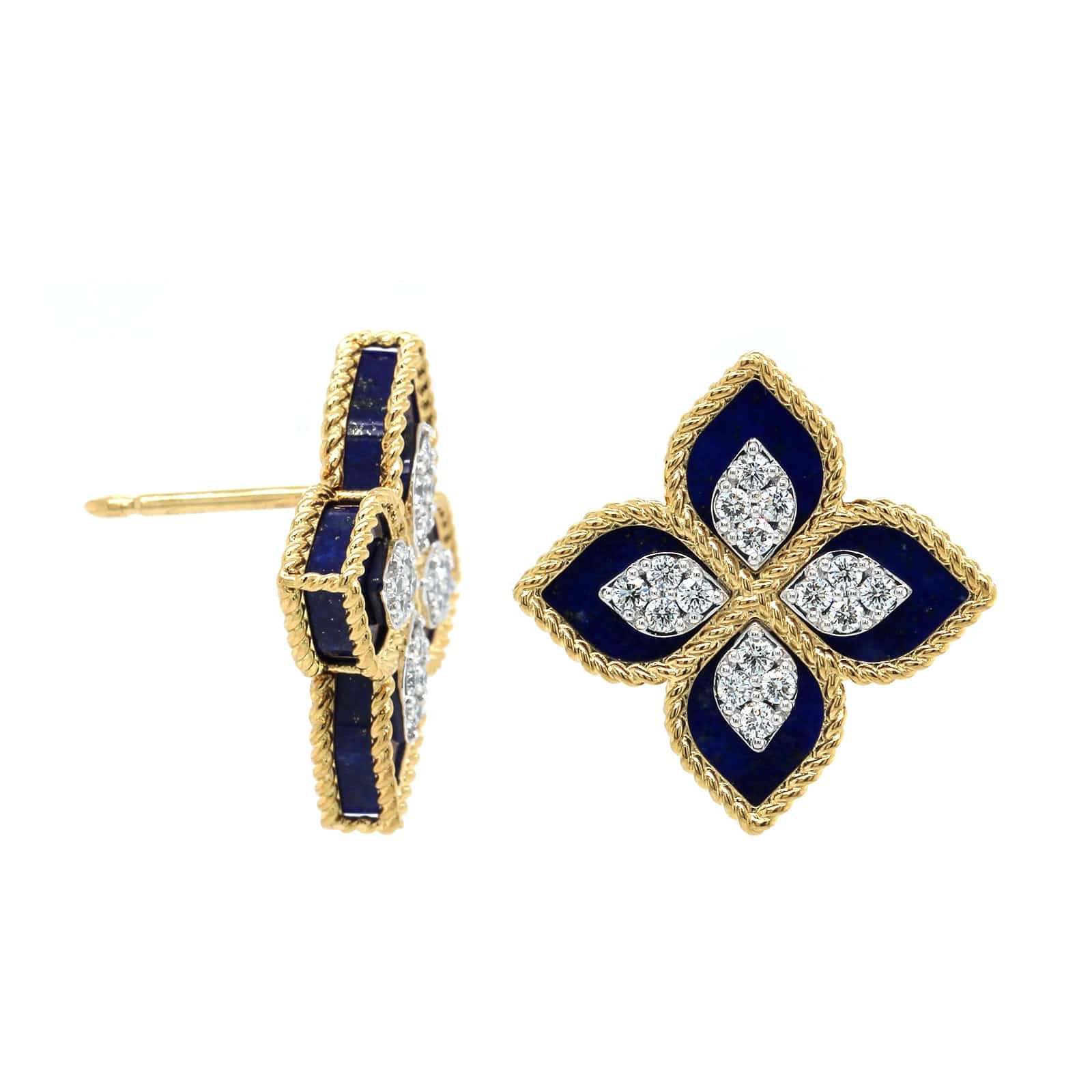 Roberto Coin 18K Yellow & White Gold Lapis Venetian Princess Diamond Stud Earrings - Image 3
