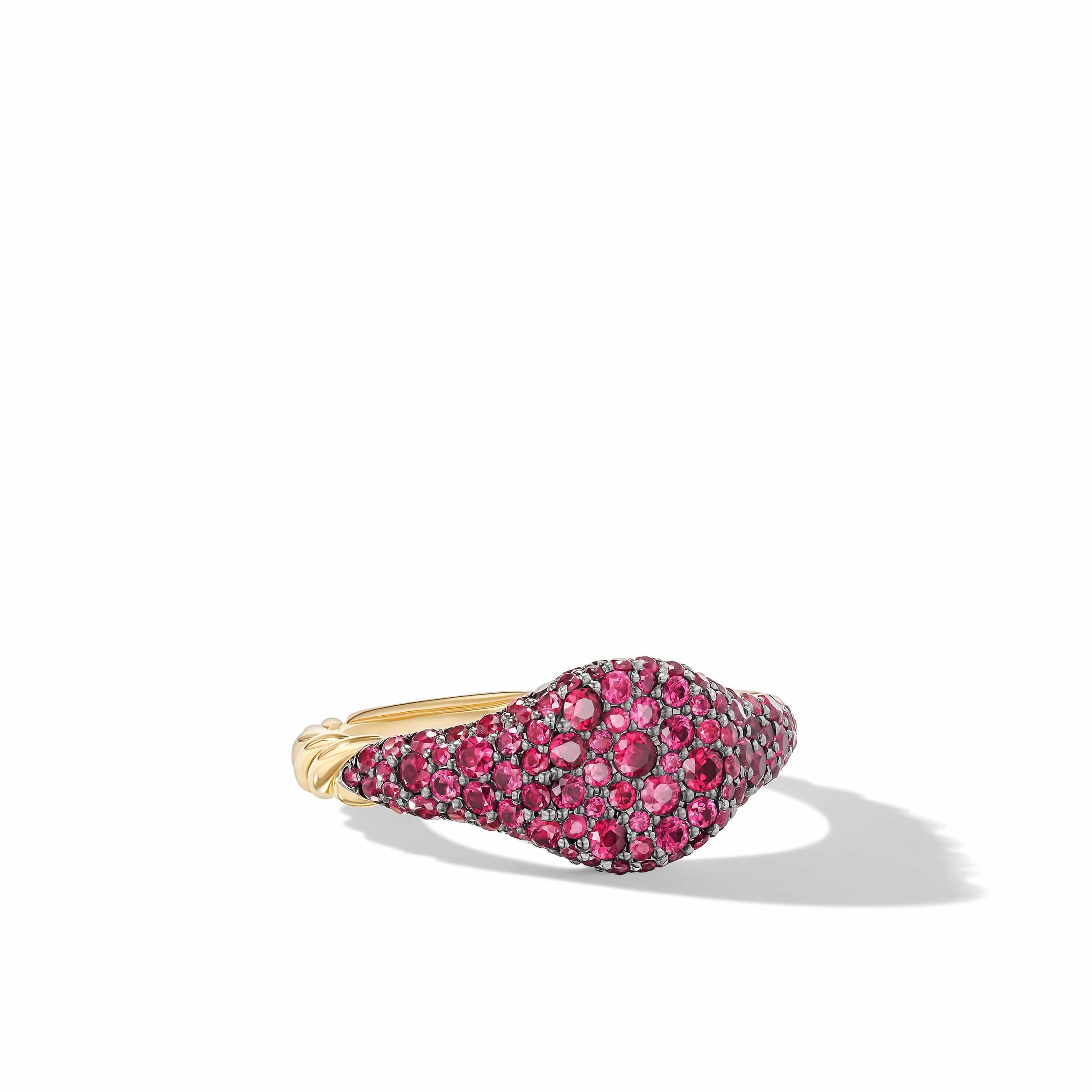 Petite Pavé Pinky Ring in 18K Yellow Gold with Red Rubies, 7mm