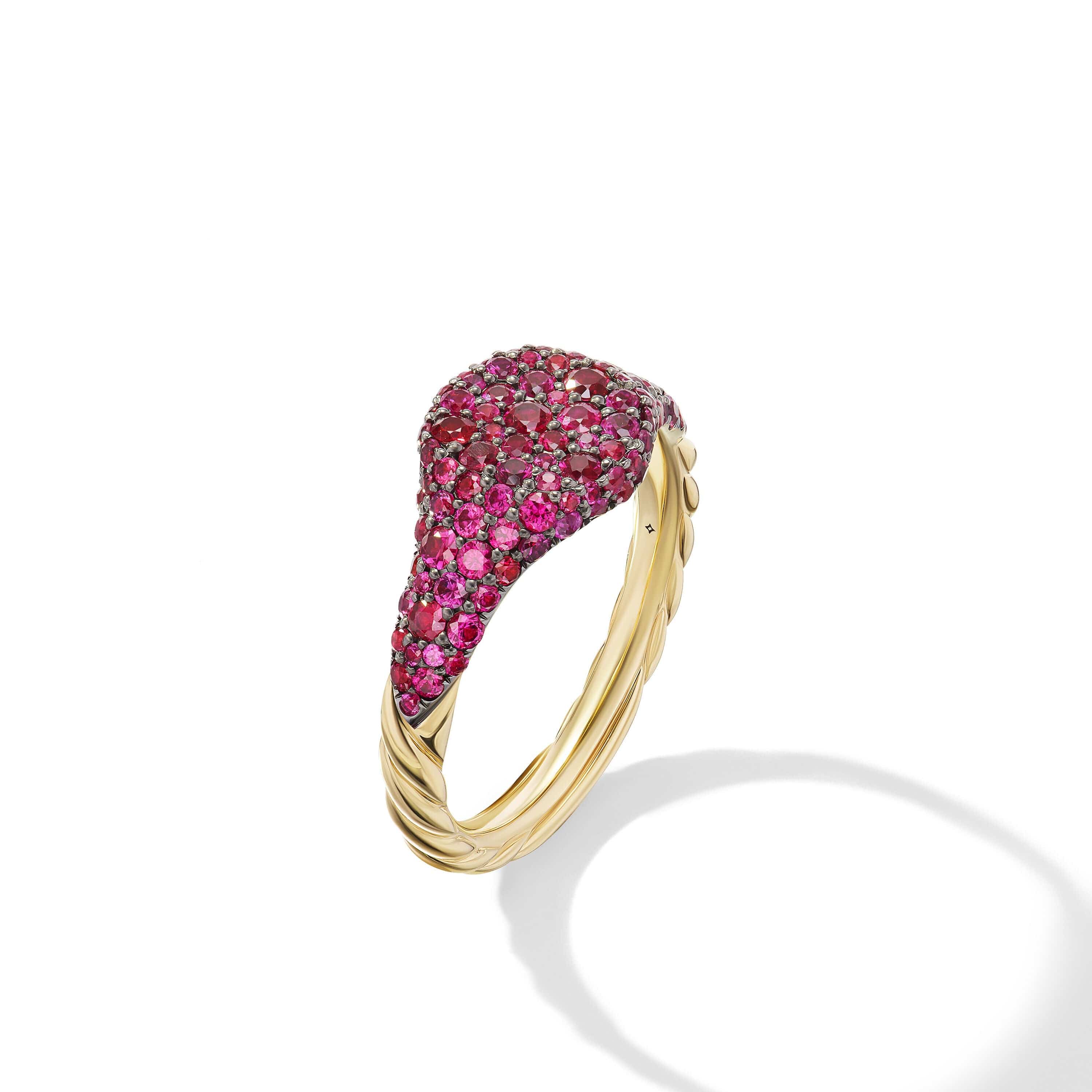 Petite Pavé Pinky Ring in 18K Yellow Gold with Red Rubies, 7mm - Image 2