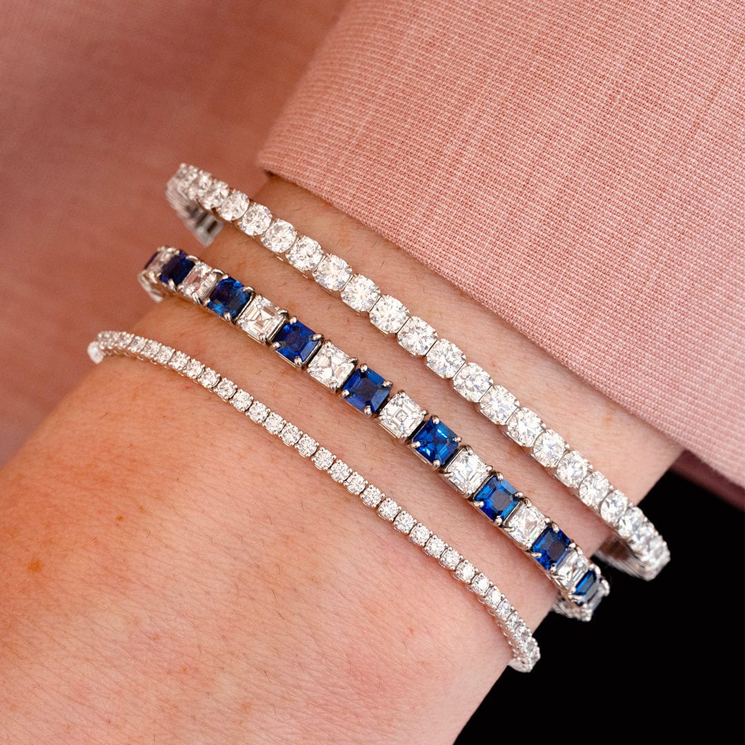 Platinum Asscher Cut Sapphire and Diamond Tennis Bracelet - Image 2