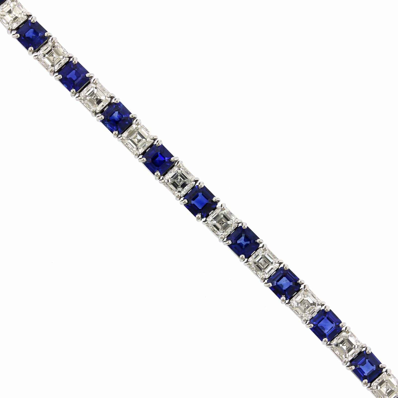 Platinum Asscher Cut Sapphire and Diamond Tennis Bracelet - Image 3