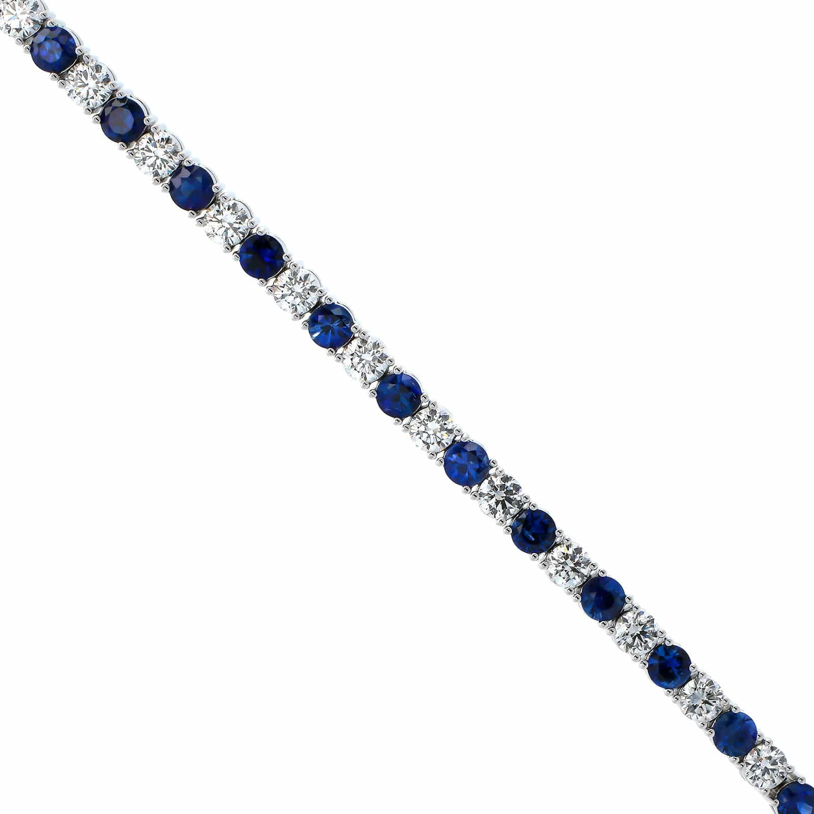 18K White Gold Four Prong Round Diamond and Blue Sapphire Tennis Bracelet - Image 2