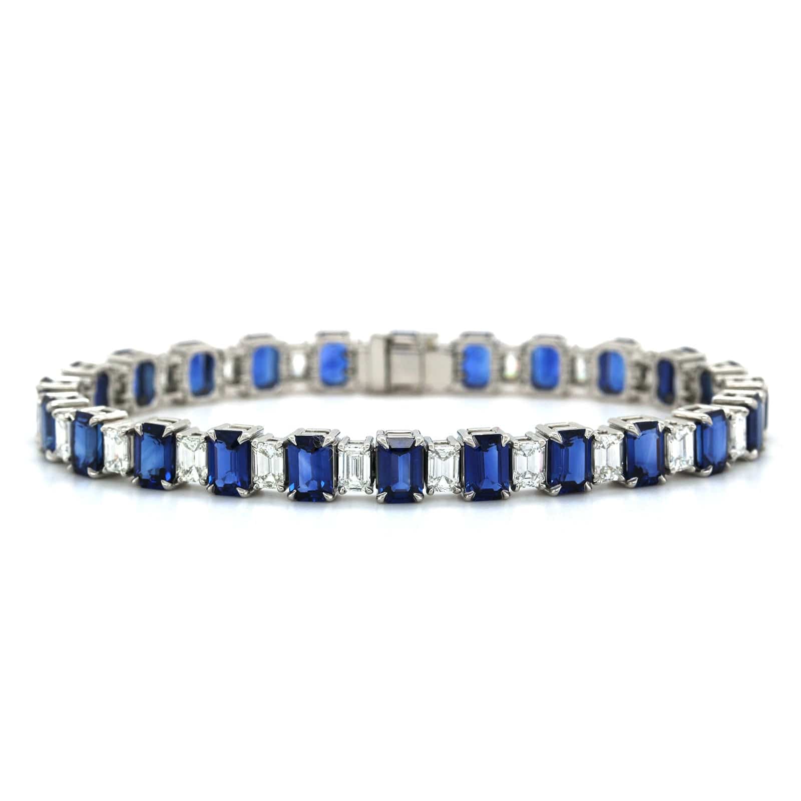 Platinum Emerald Cut Sapphire and Diamond Bracelet - Image 4
