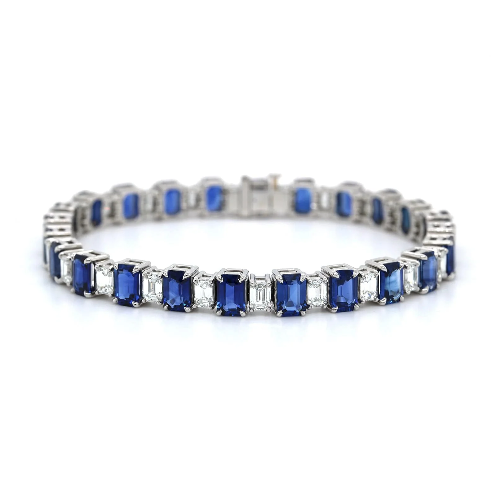 Platinum Emerald Cut Sapphire and Diamond Line Bracelet - Image 3