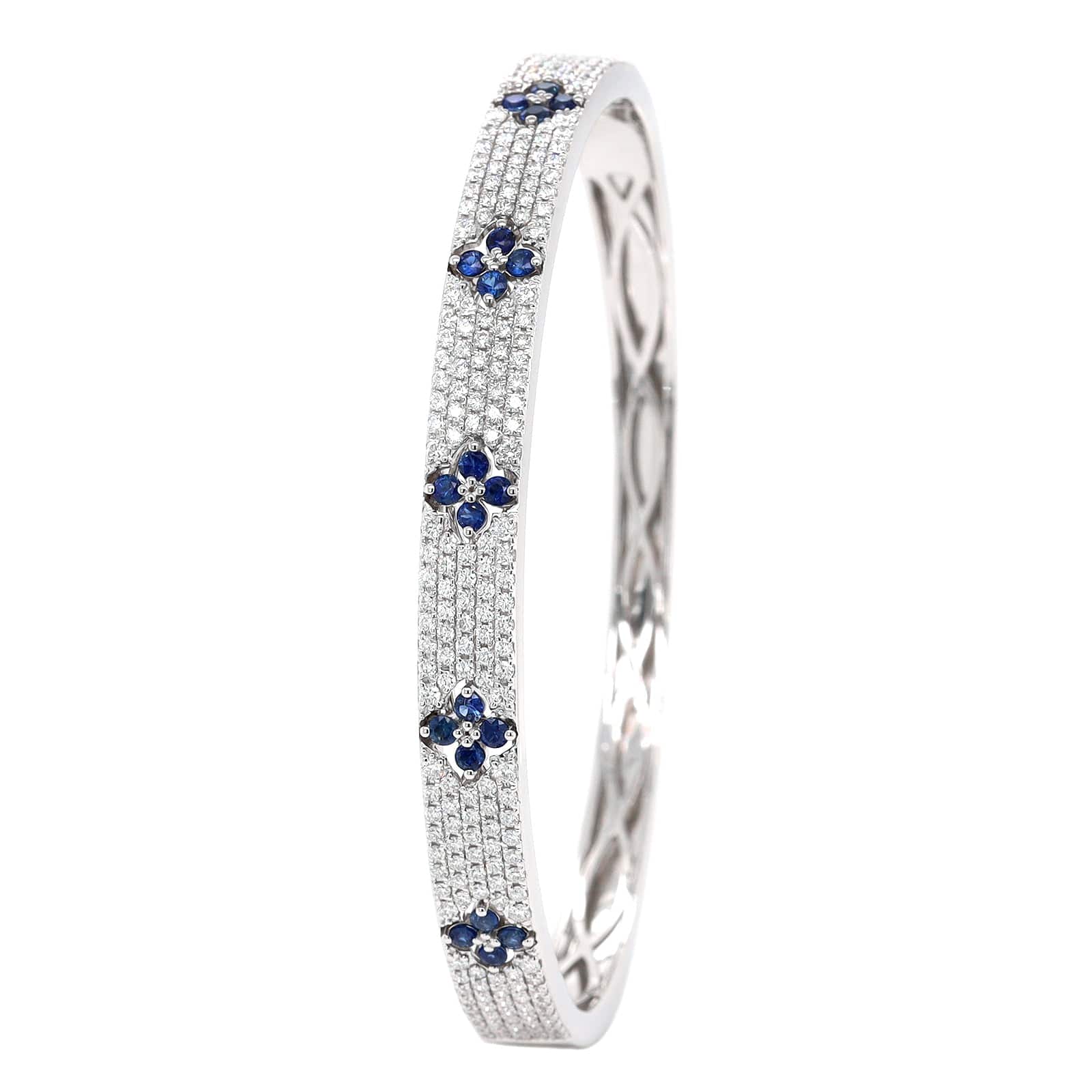 18K White Gold Pave Diamond and Blue Sapphire Clover Station Bangle bracelet - Image 2