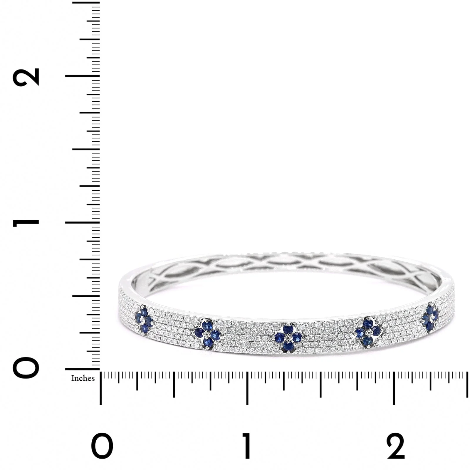 18K White Gold Pave Diamond and Blue Sapphire Clover Station Bangle bracelet - Image 3