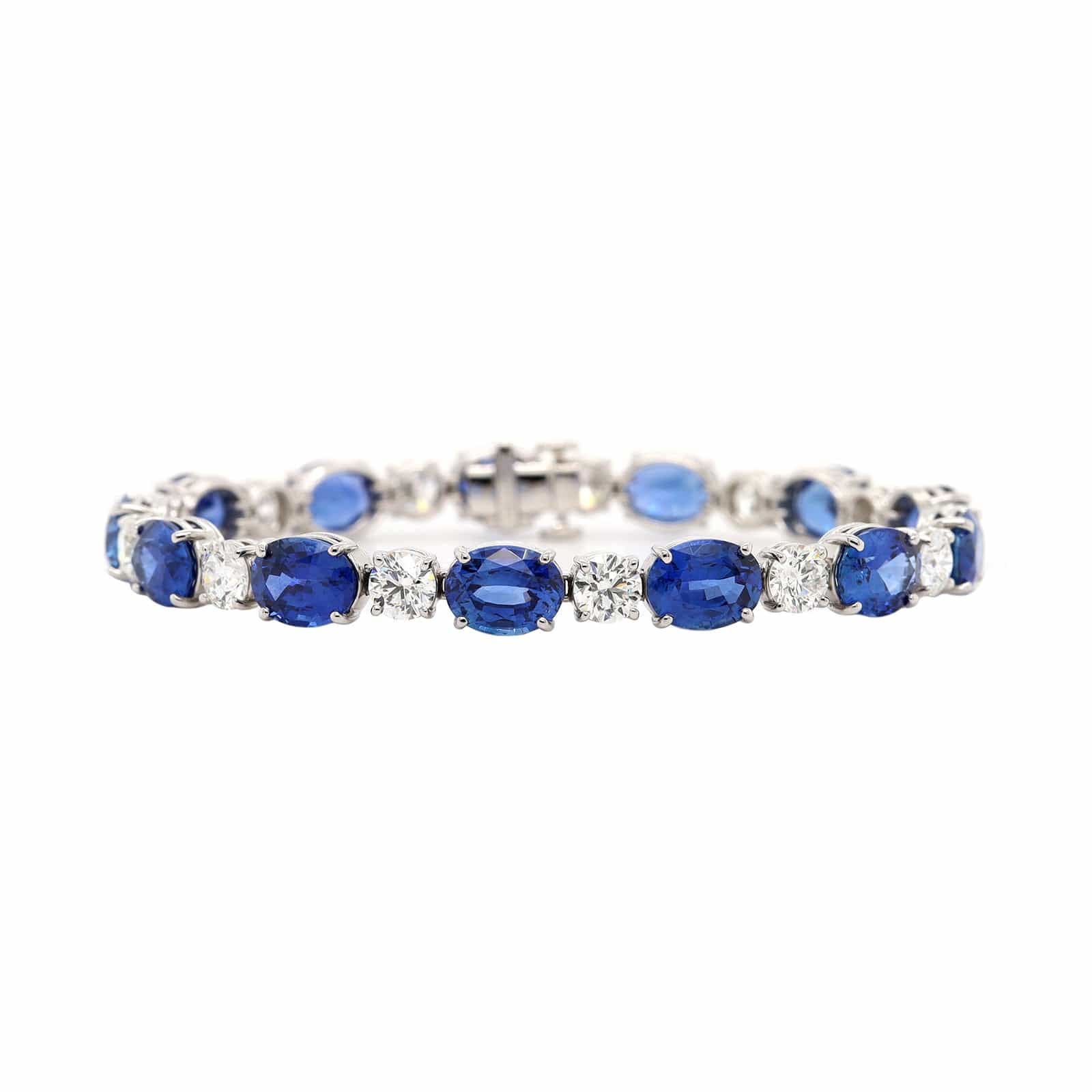 Platinum Oval Blue Sapphire and Round Diamond Bracelet