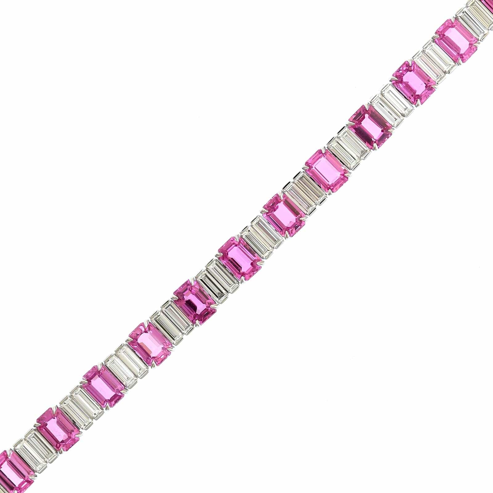Platinum Alternating Emerald Cut Pink Sapphire and Baguette Shaped Diamond Bracelet - Image 2