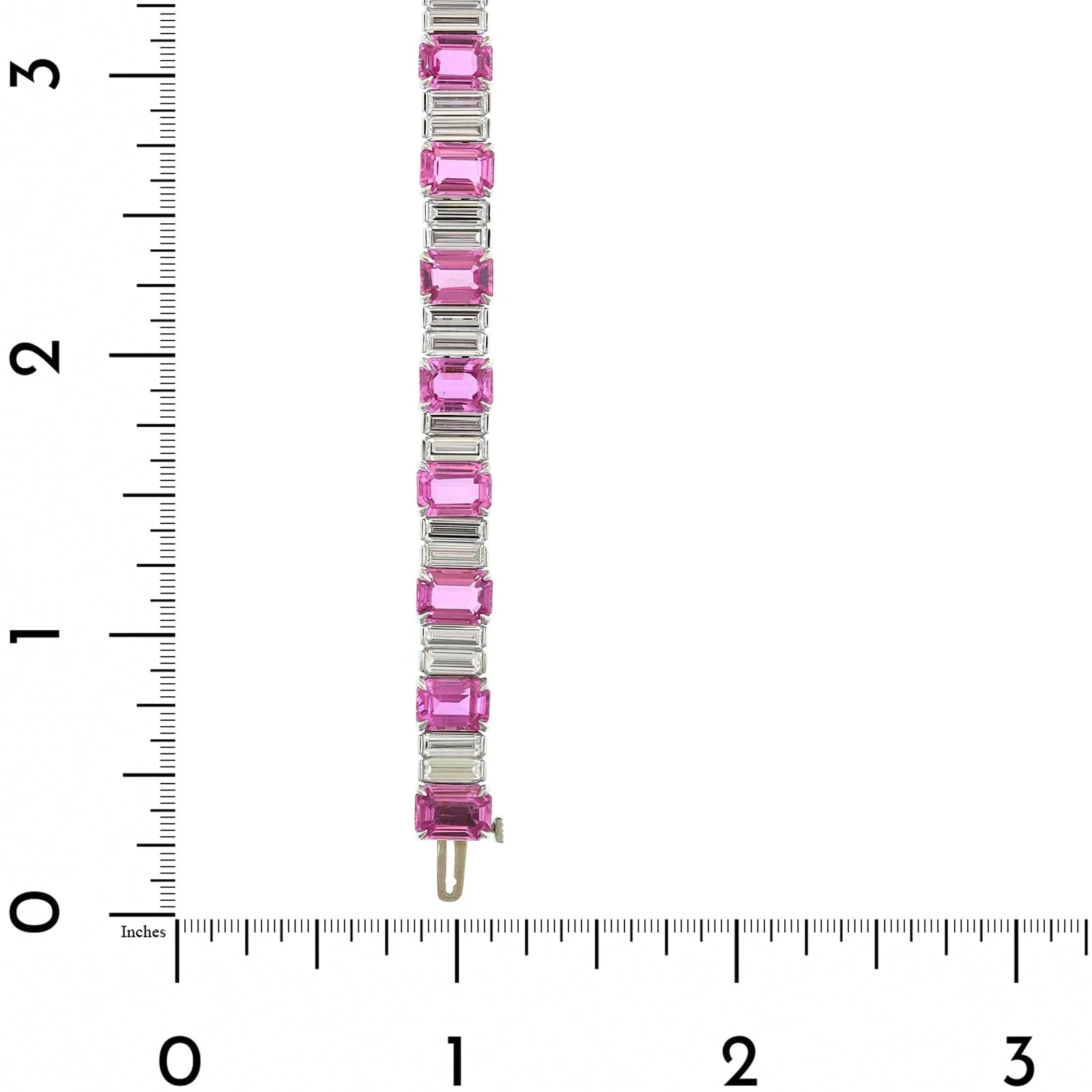Platinum Alternating Emerald Cut Pink Sapphire and Baguette Shaped Diamond Bracelet - Image 3
