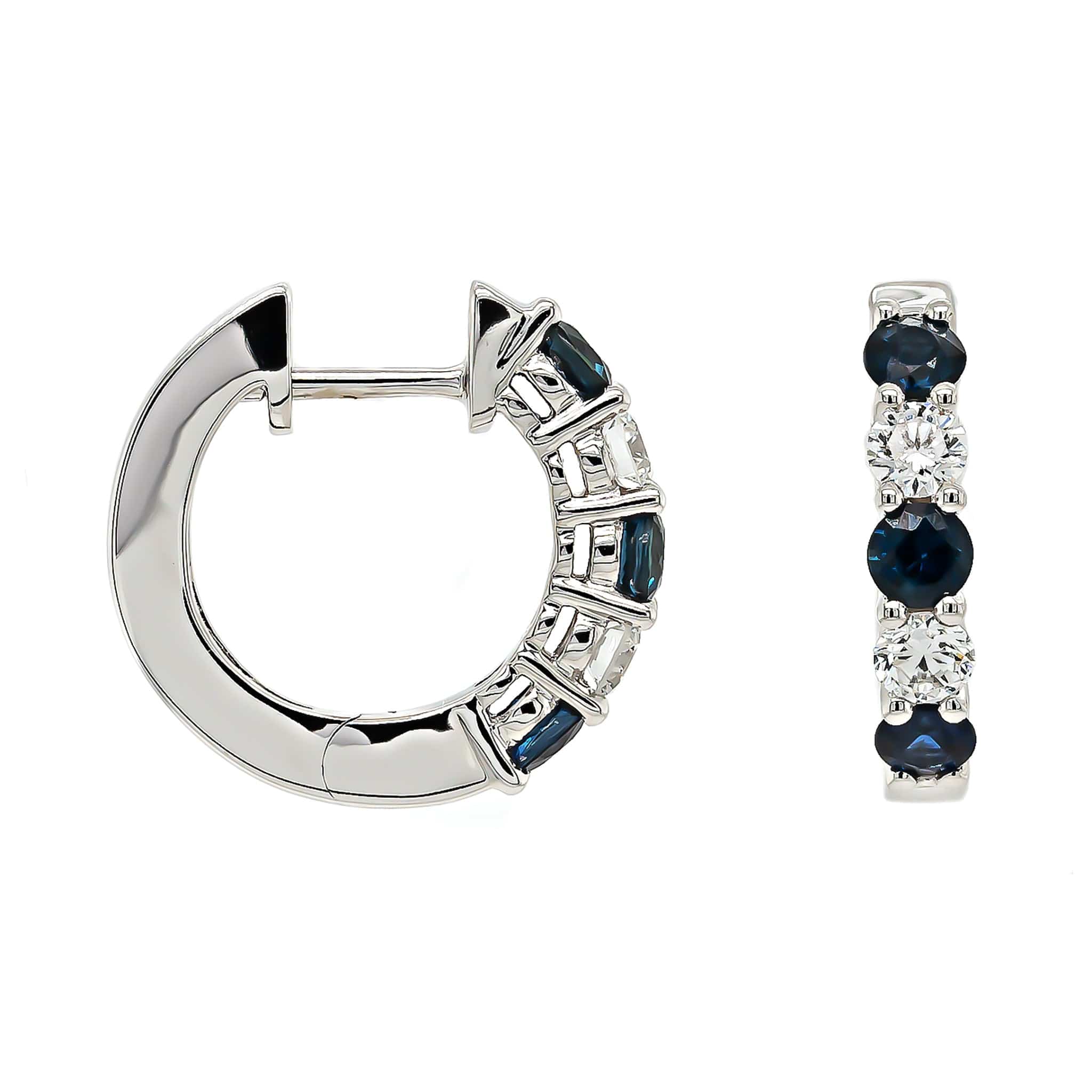 14K White Gold Round Blue Sapphire and Diamond Hoop Earrings