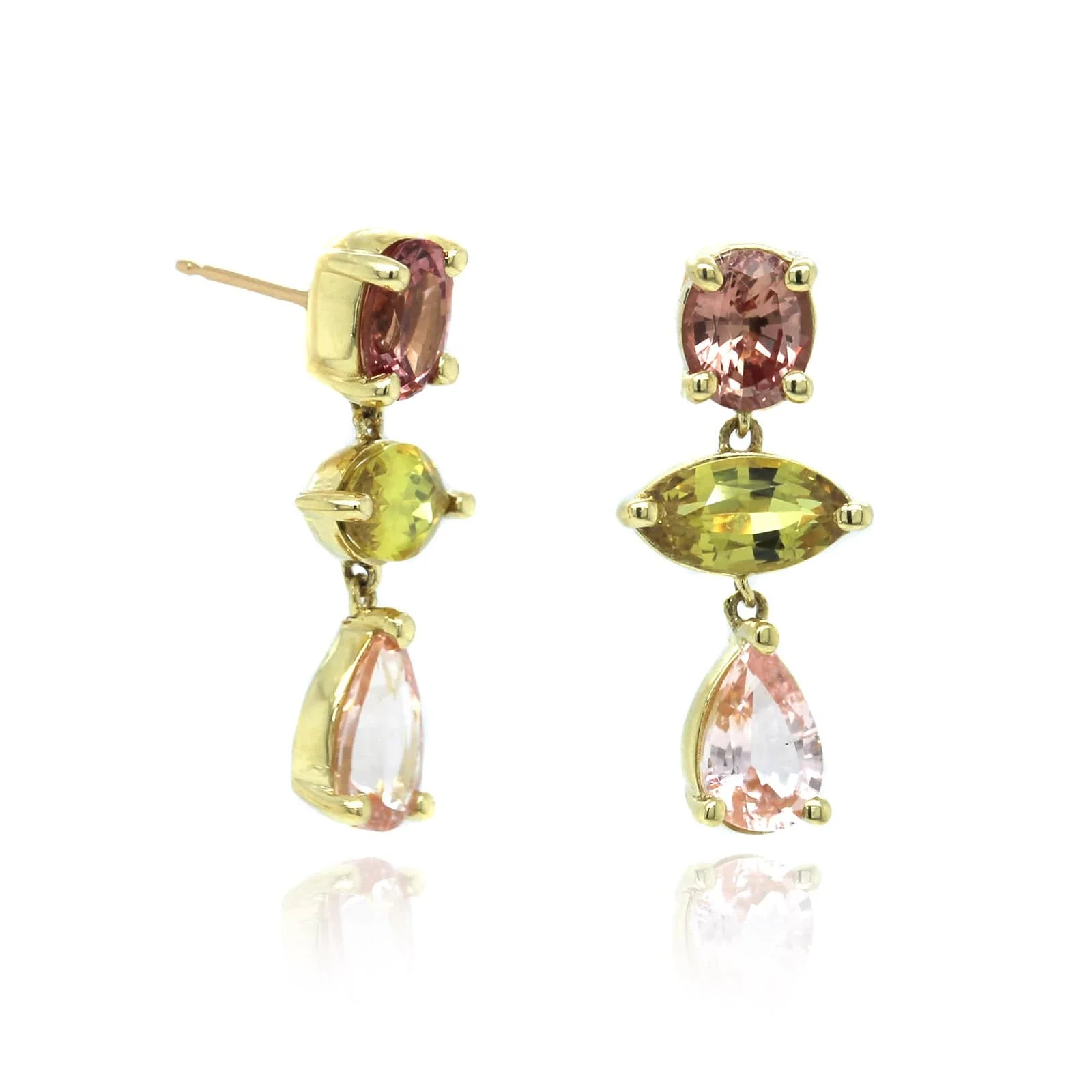 18K Yellow Gold Sapphire 3 Stone Drop Earrings - Image 3