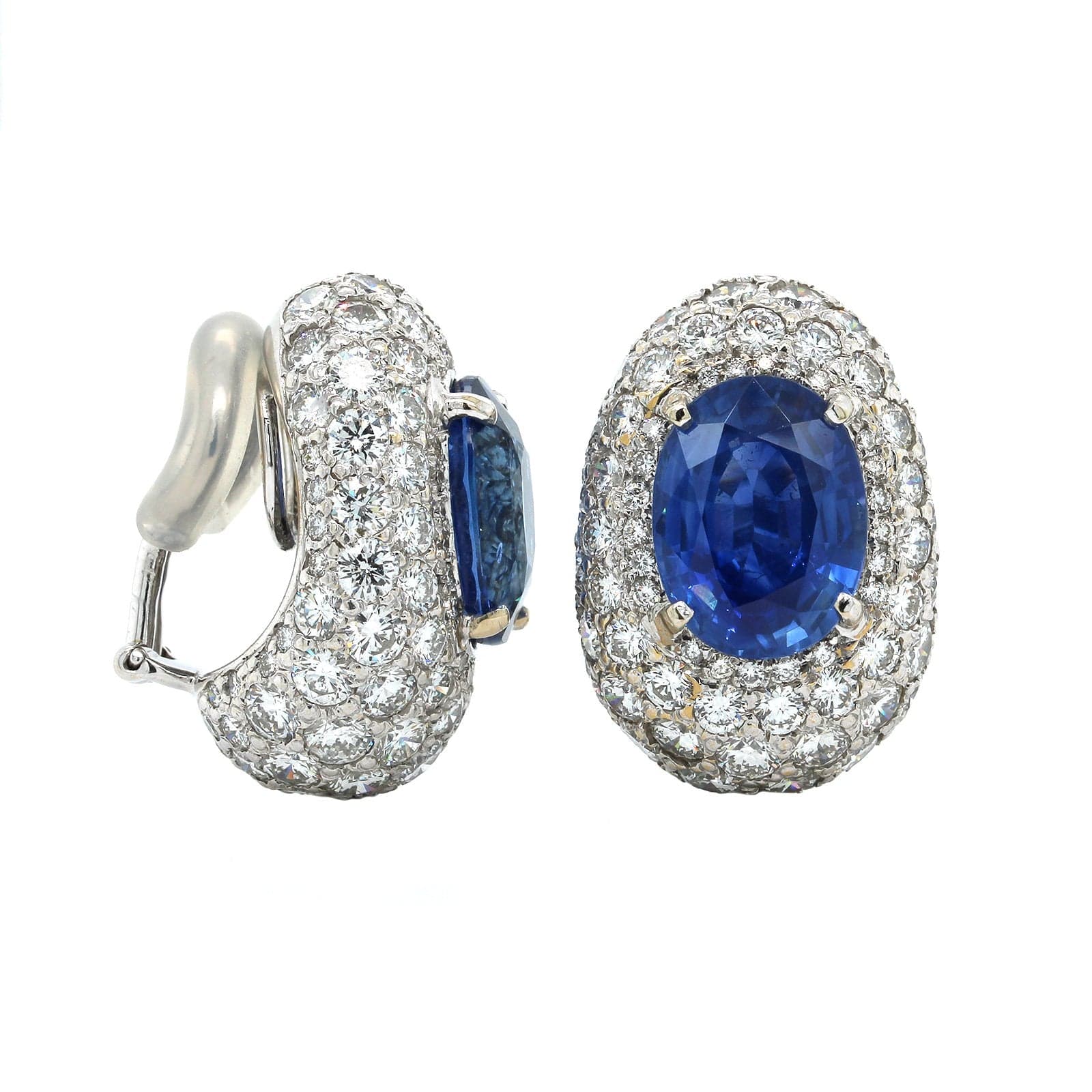 14K White Gold Oval Sapphire and Diamond Dome Earrings - Image 3
