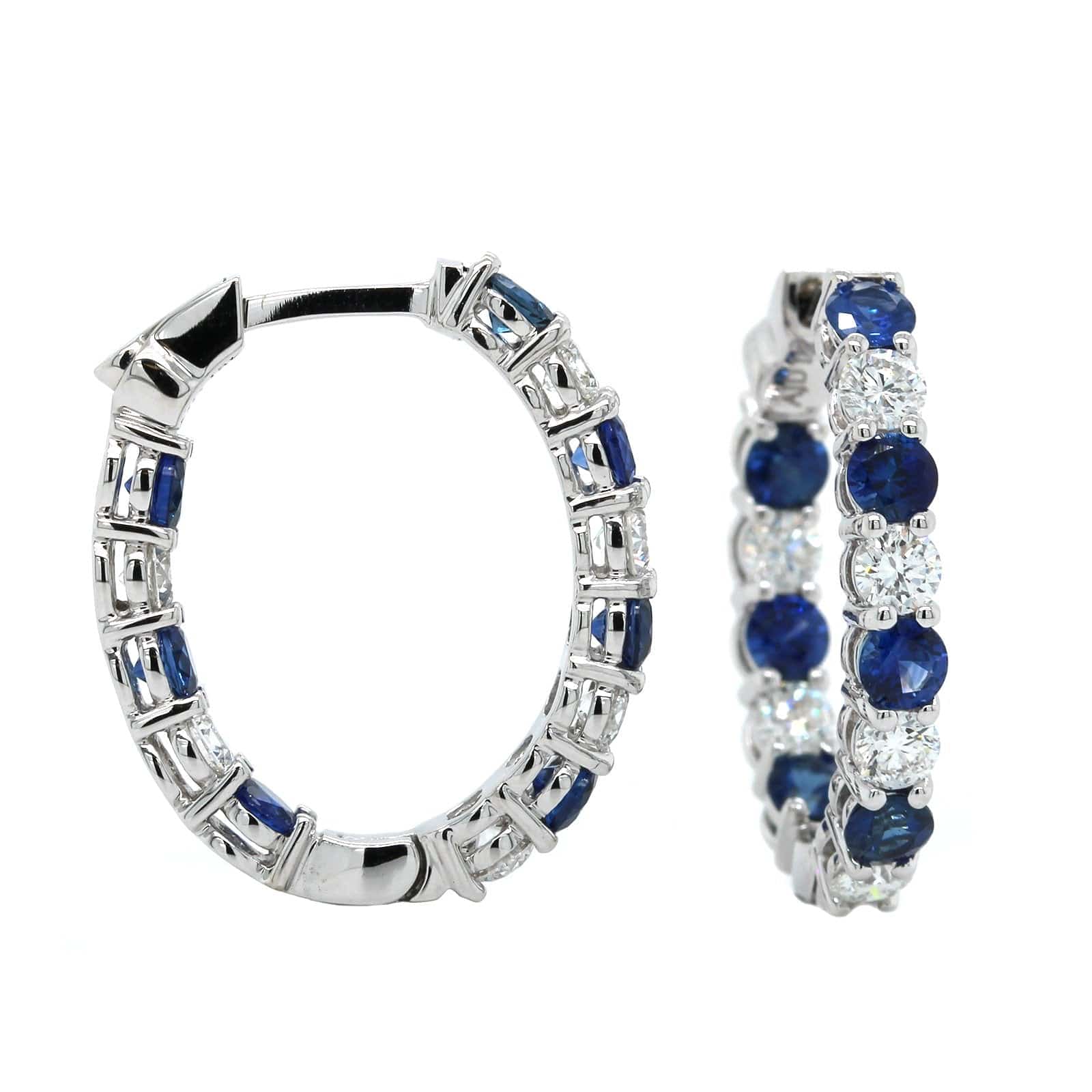 18K White Gold Inside Outside Sapphire and Diamond Hoop Earrings - Image 3