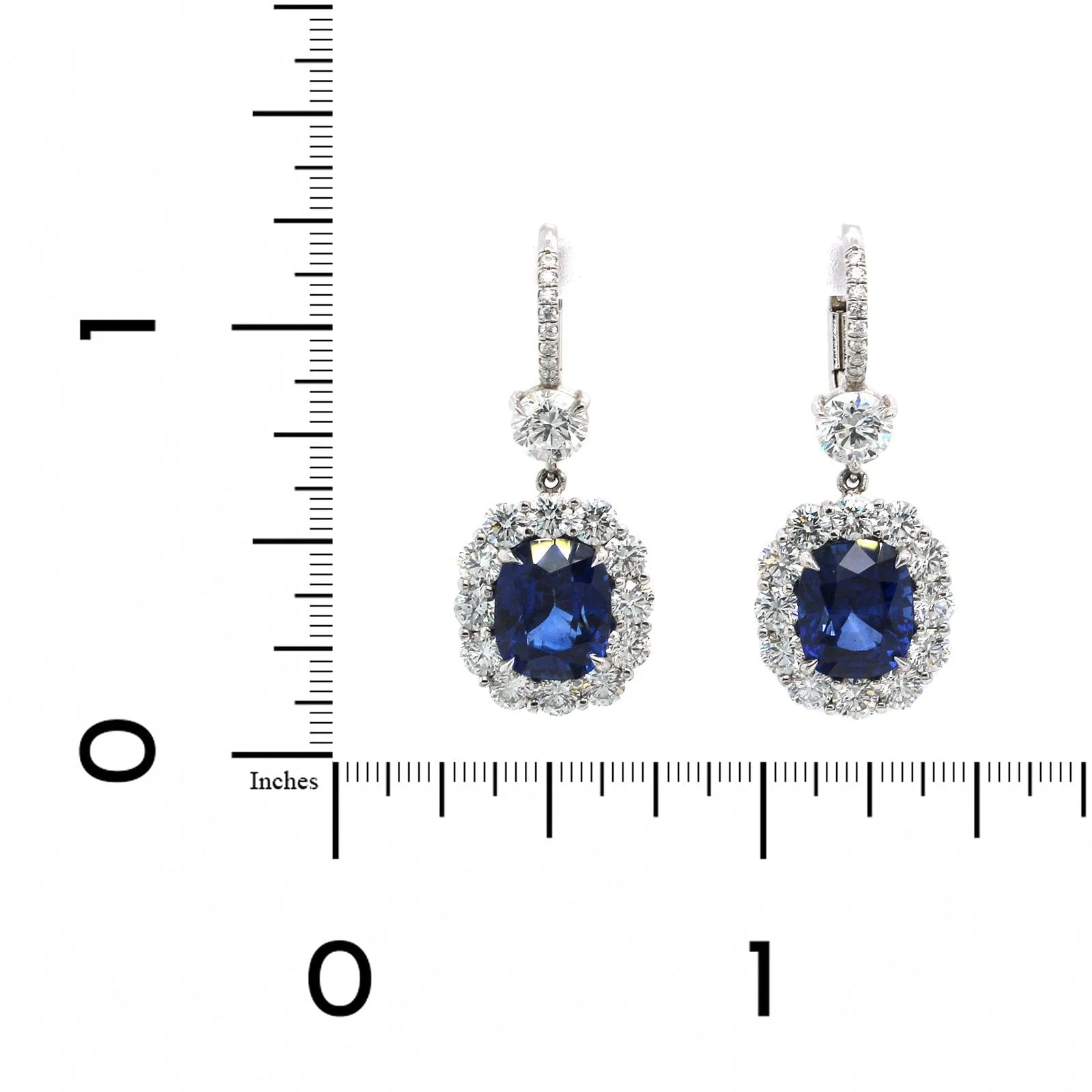 Platinum Cushion Sapphire and Diamond Halo Dangle Earrings - Image 2