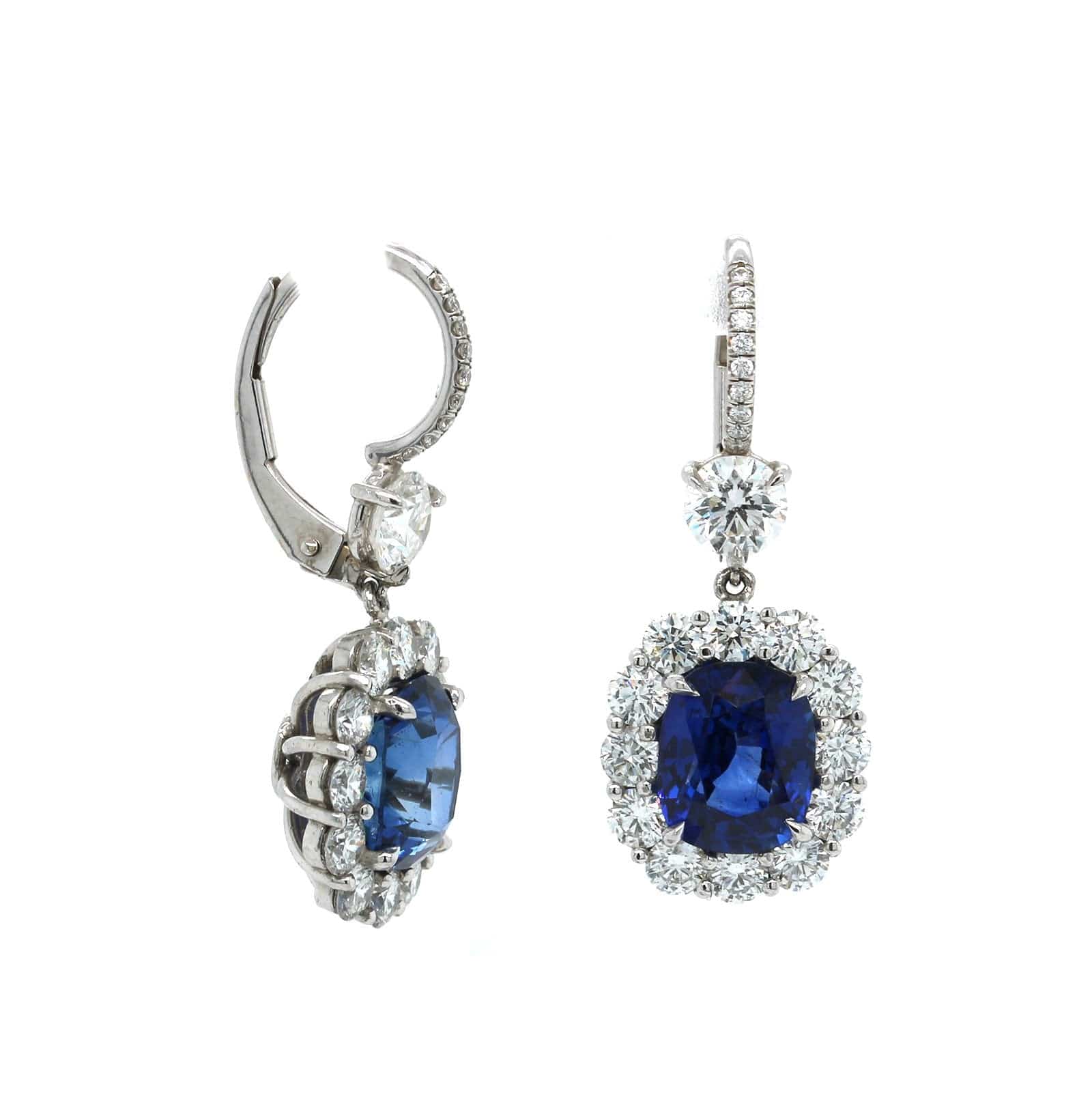 Platinum Cushion Sapphire and Diamond Halo Dangle Earrings - Image 3