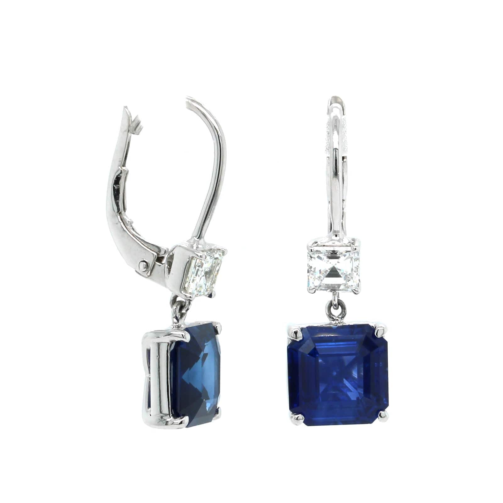 Platinum Emerald Cut Sapphire Diamond Drop Earrings - Image 3