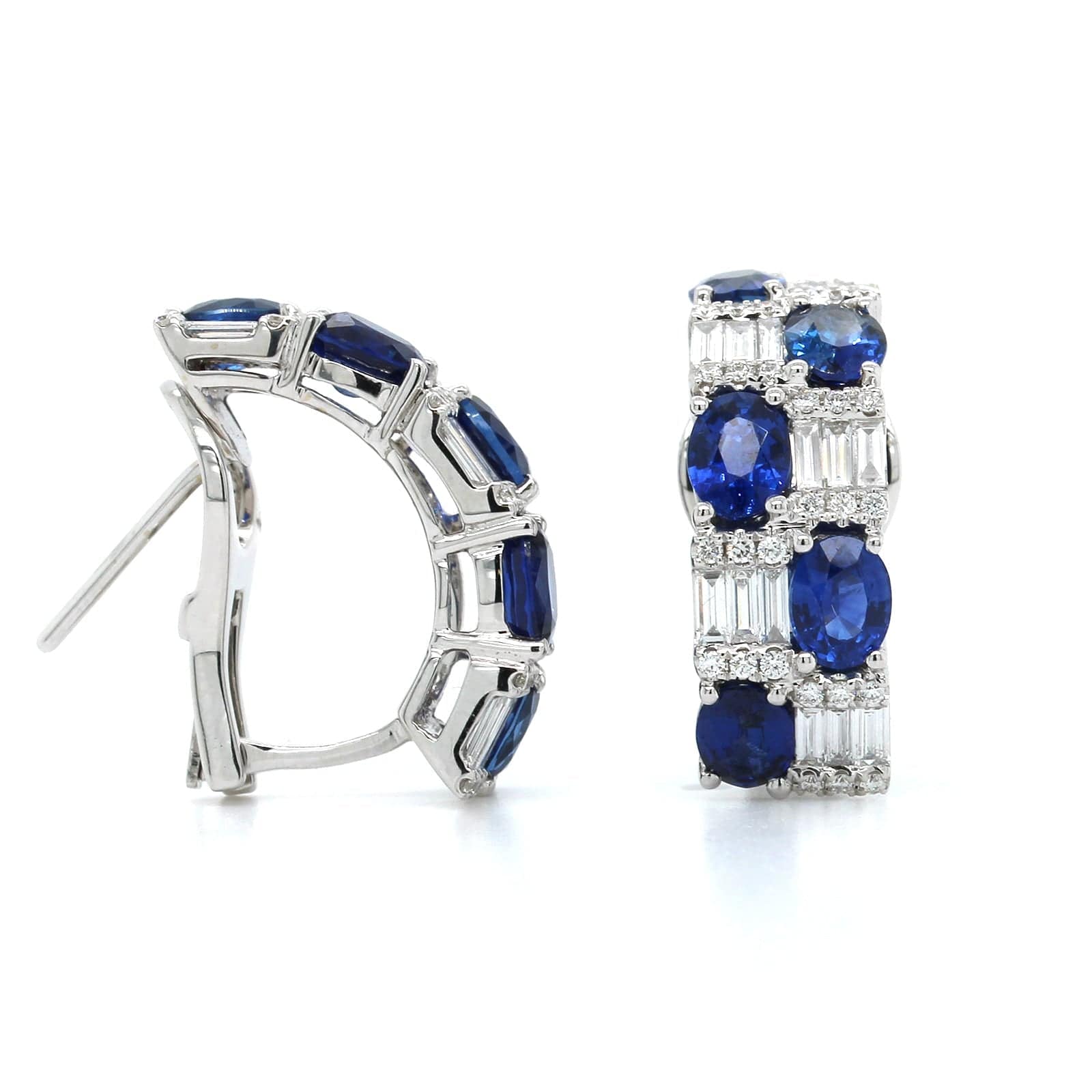 18K White Gold Oval Sapphire Baguette Diamond Huggie Earrings