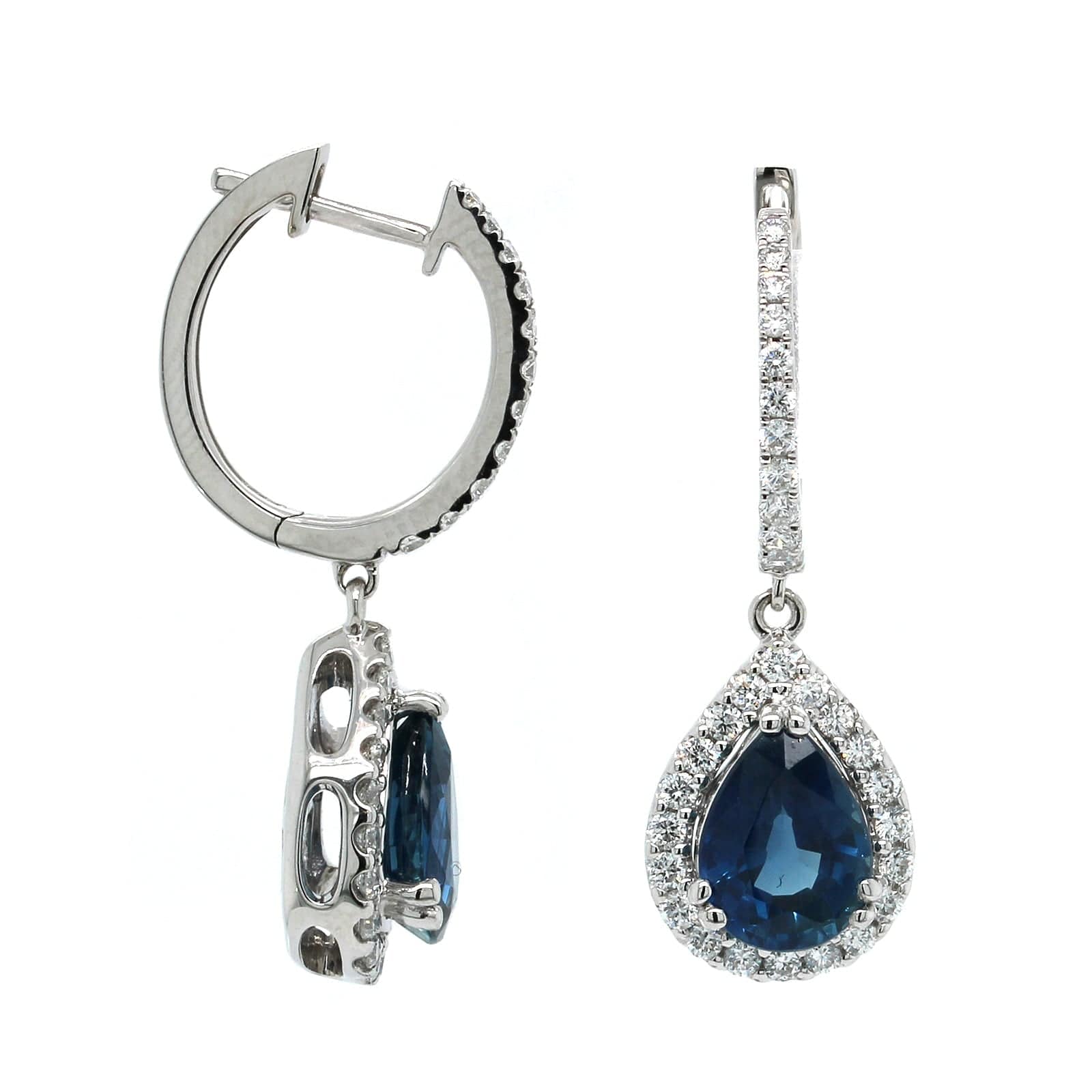 18K White Gold Sapphire Diamond Halo Drop Earrings